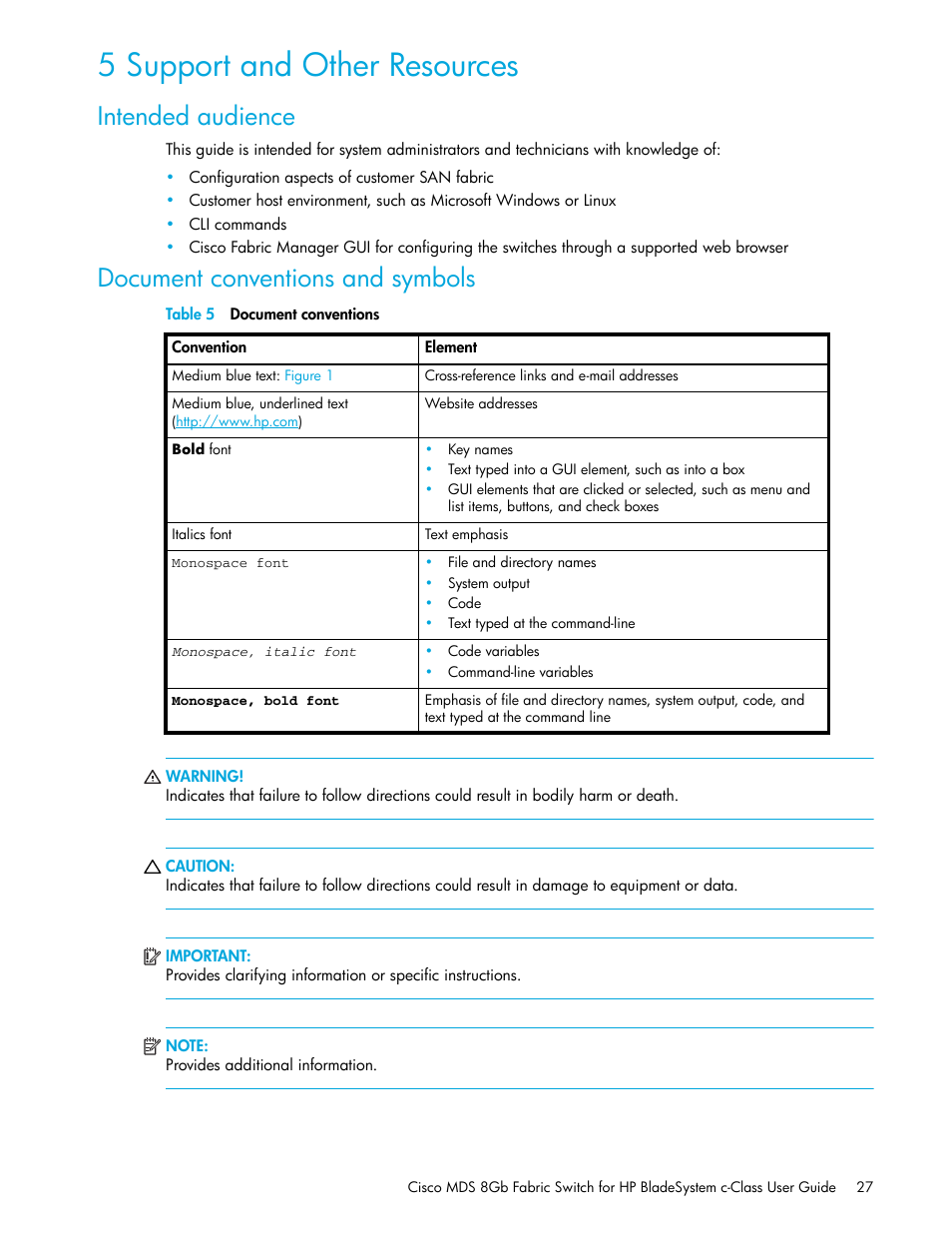 5 support and other resources, Intended audience, Document conventions and symbols | HP Cisco MDS 8Gb Fabric Switch for HP BladeSystem c-Class User Manual | Page 27 / 52