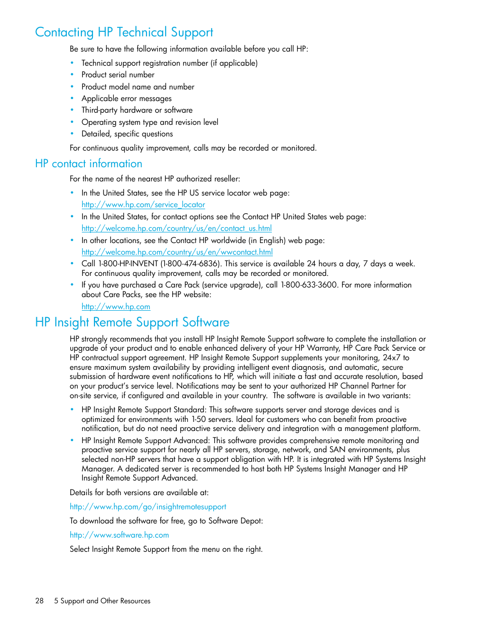Contacting hp technical support, Hp contact information, Hp insight remote support software | HP Cisco MDS 8Gb Fabric Switch for HP BladeSystem c-Class User Manual | Page 28 / 52