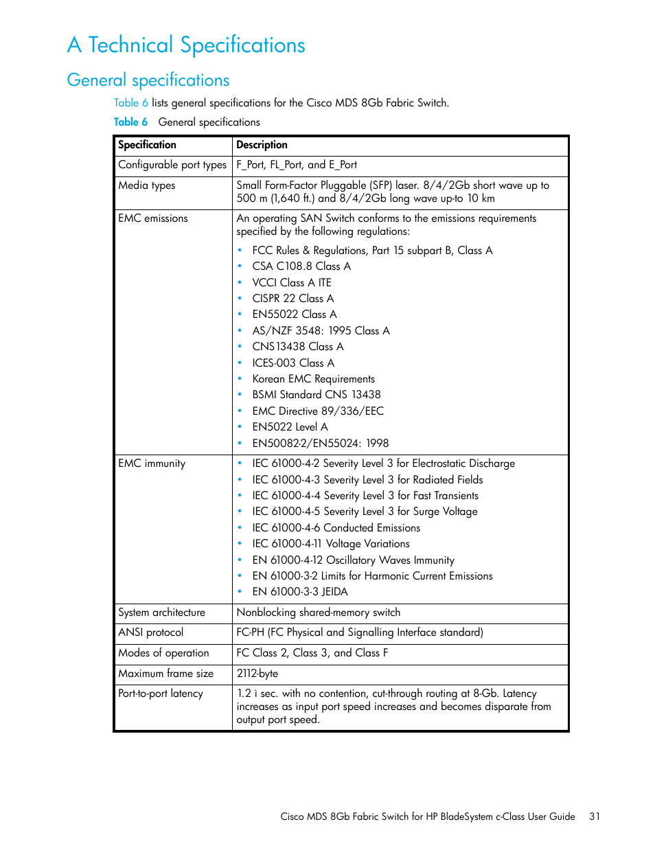A technical specifications, General specifications | HP Cisco MDS 8Gb Fabric Switch for HP BladeSystem c-Class User Manual | Page 31 / 52