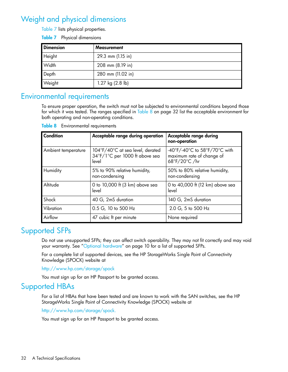 Weight and physical dimensions, Environmental requirements, Supported sfps | Supported hbas | HP Cisco MDS 8Gb Fabric Switch for HP BladeSystem c-Class User Manual | Page 32 / 52