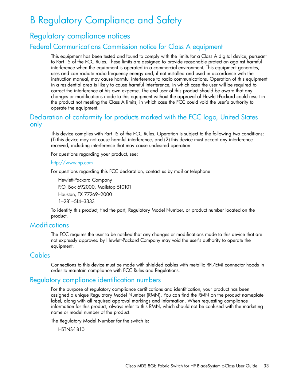 B regulatory compliance and safety, Regulatory compliance notices, Modifications | Cables, Regulatory compliance identification numbers | HP Cisco MDS 8Gb Fabric Switch for HP BladeSystem c-Class User Manual | Page 33 / 52