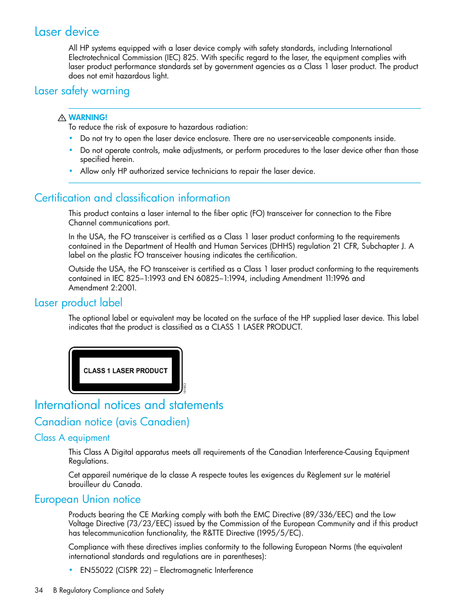 Laser device, Laser safety warning, Certification and classification information | Laser product label, International notices and statements, Canadian notice (avis canadien), Class a equipment, European union notice | HP Cisco MDS 8Gb Fabric Switch for HP BladeSystem c-Class User Manual | Page 34 / 52