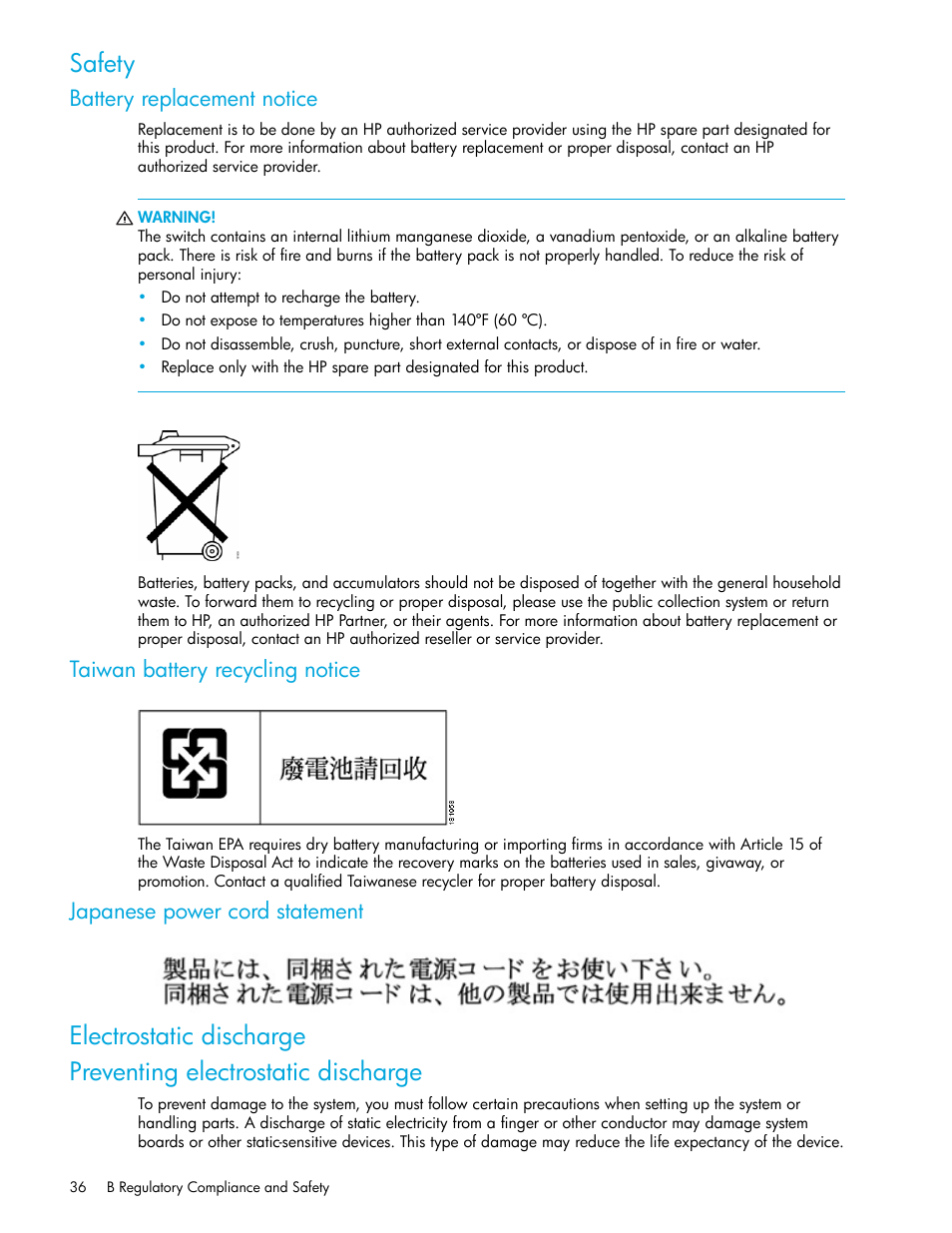Safety, Battery replacement notice, Taiwan battery recycling notice | Japanese power cord statement, Electrostatic discharge, Preventing electrostatic discharge | HP Cisco MDS 8Gb Fabric Switch for HP BladeSystem c-Class User Manual | Page 36 / 52