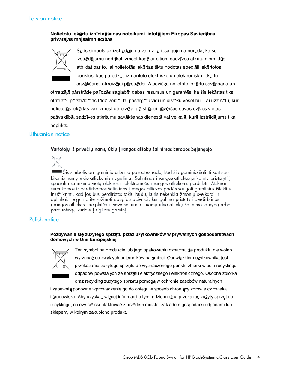 Latvian notice, Lithuanian notice, Polish notice | HP Cisco MDS 8Gb Fabric Switch for HP BladeSystem c-Class User Manual | Page 41 / 52