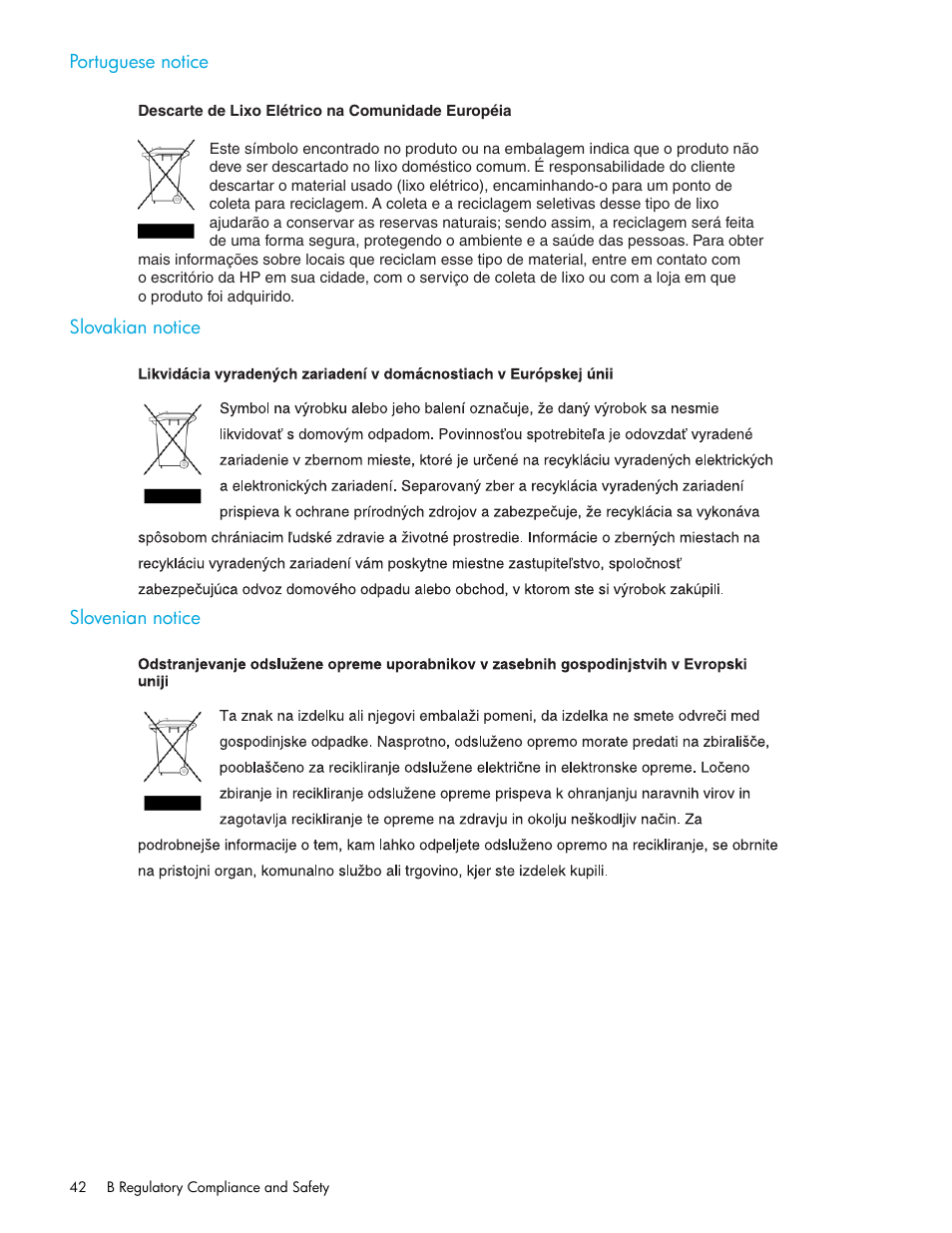 Portuguese notice, Slovakian notice, Slovenian notice | HP Cisco MDS 8Gb Fabric Switch for HP BladeSystem c-Class User Manual | Page 42 / 52