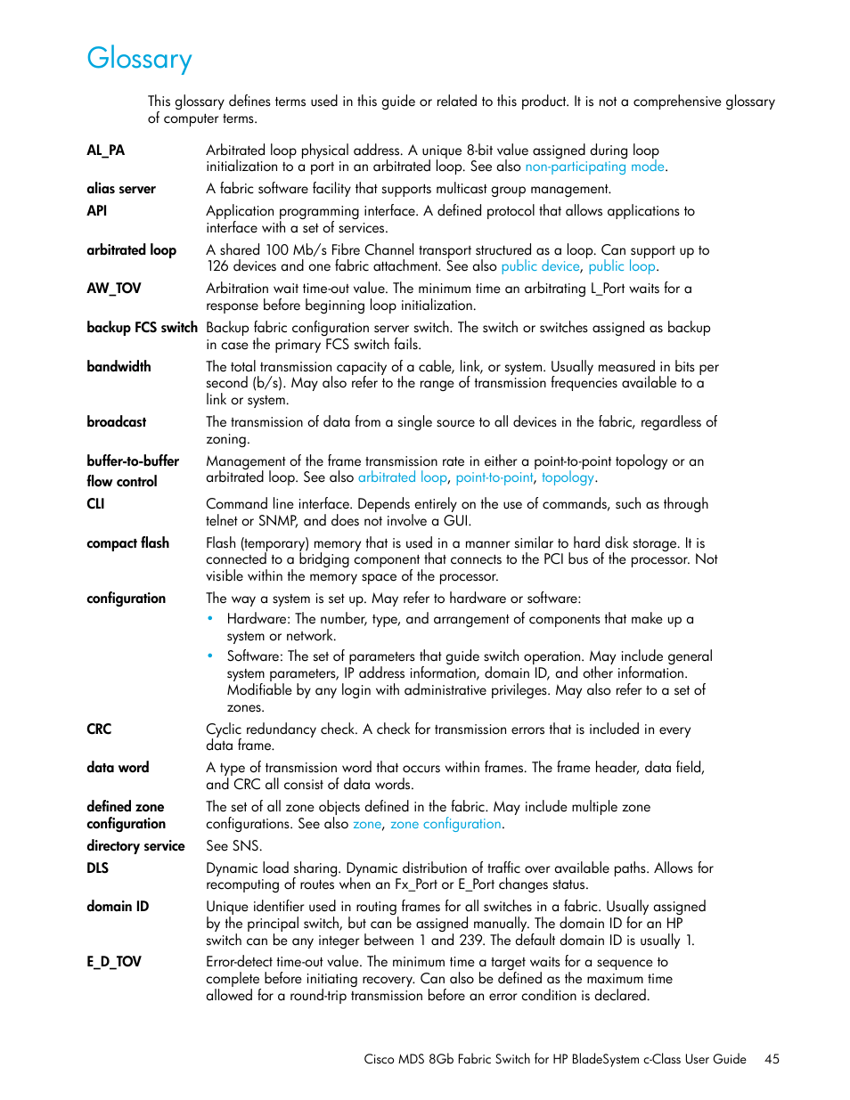 Glossary | HP Cisco MDS 8Gb Fabric Switch for HP BladeSystem c-Class User Manual | Page 45 / 52