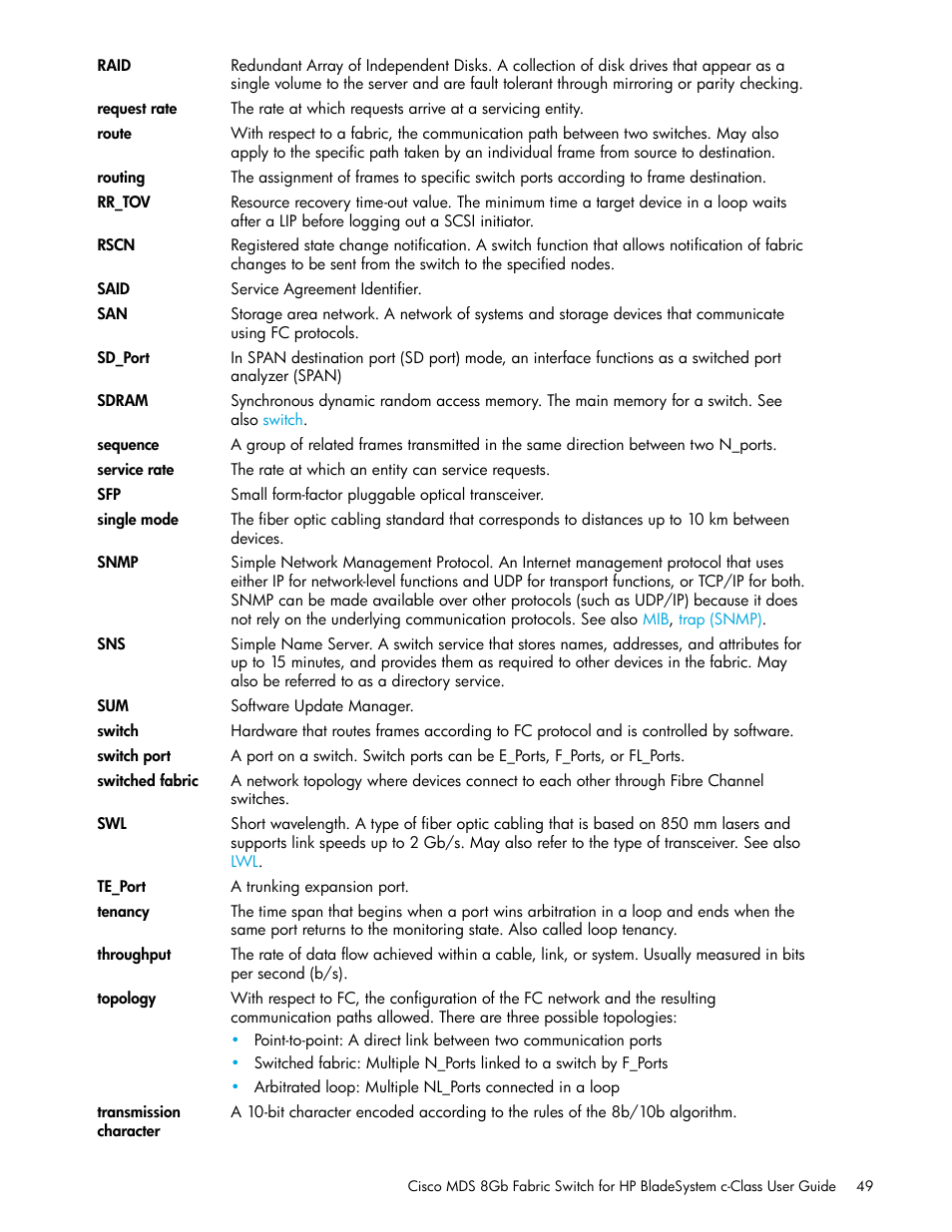 Topology, Snmp | HP Cisco MDS 8Gb Fabric Switch for HP BladeSystem c-Class User Manual | Page 49 / 52