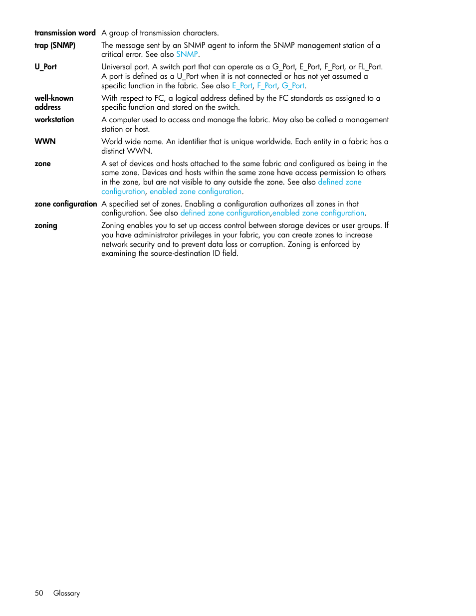 Zone, Zone configuration, U_port | Trap (snmp) | HP Cisco MDS 8Gb Fabric Switch for HP BladeSystem c-Class User Manual | Page 50 / 52