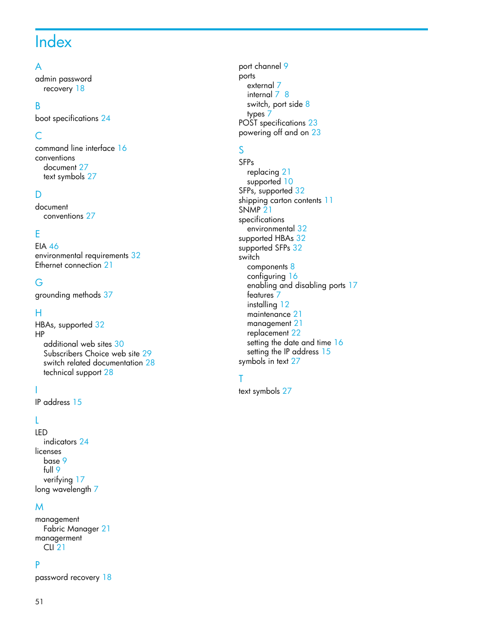 Index | HP Cisco MDS 8Gb Fabric Switch for HP BladeSystem c-Class User Manual | Page 51 / 52