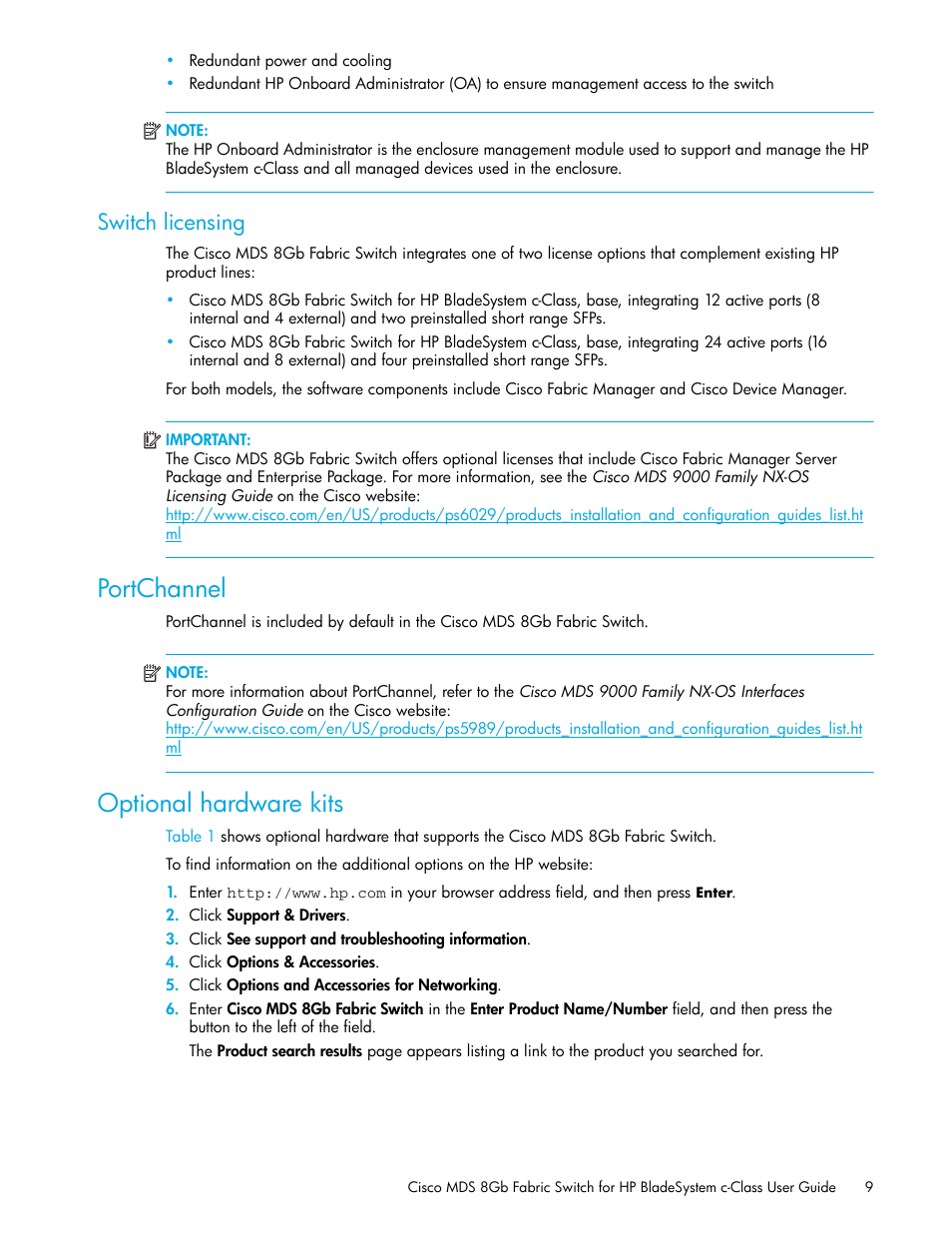 Switch licensing, Portchannel, Optional hardware kits | HP Cisco MDS 8Gb Fabric Switch for HP BladeSystem c-Class User Manual | Page 9 / 52