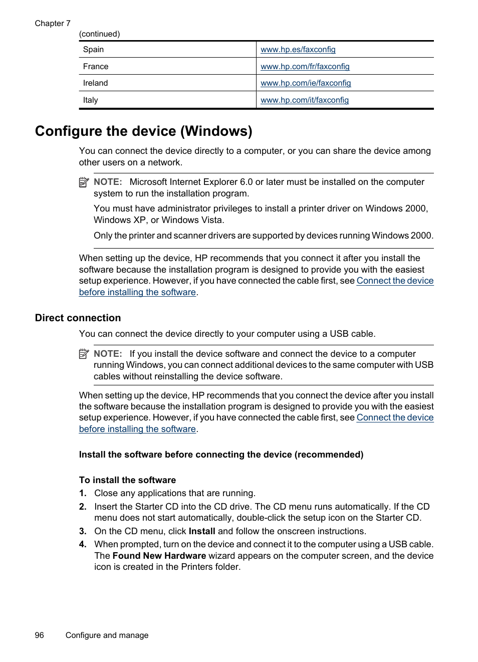 Configure the device (windows), Direct connection | HP Officejet J3680 All-in-One Printer User Manual | Page 100 / 186