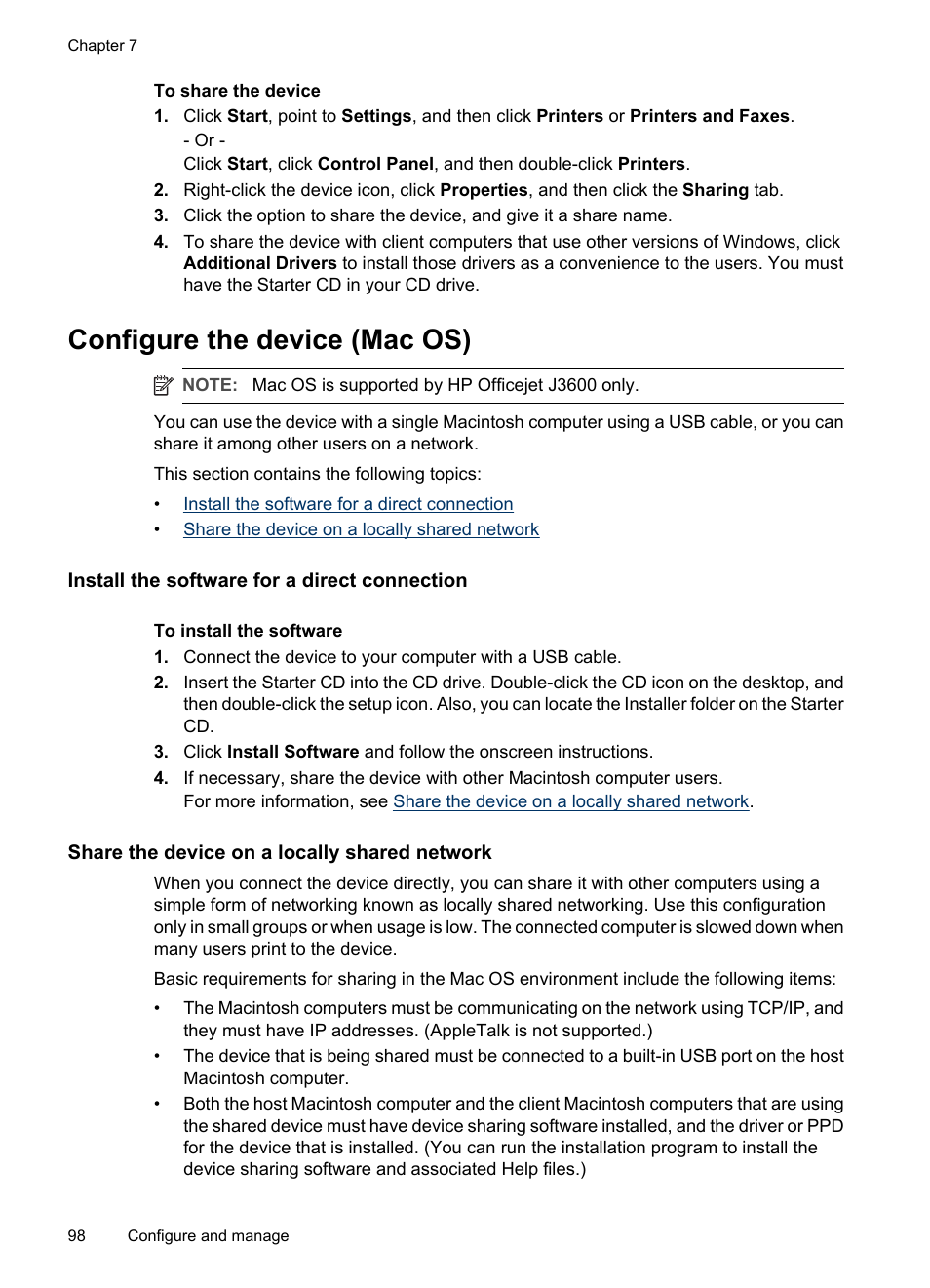 Configure the device (mac os), Install the software for a direct connection, Share the device on a locally shared network | HP Officejet J3680 All-in-One Printer User Manual | Page 102 / 186