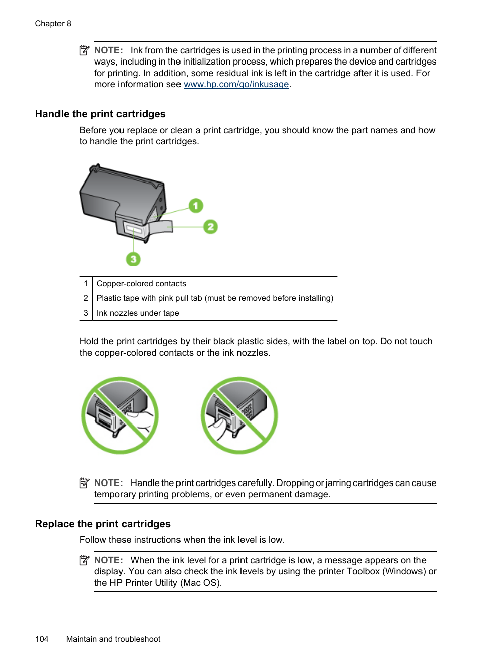 Handle the print cartridges, Replace the print cartridges | HP Officejet J3680 All-in-One Printer User Manual | Page 108 / 186