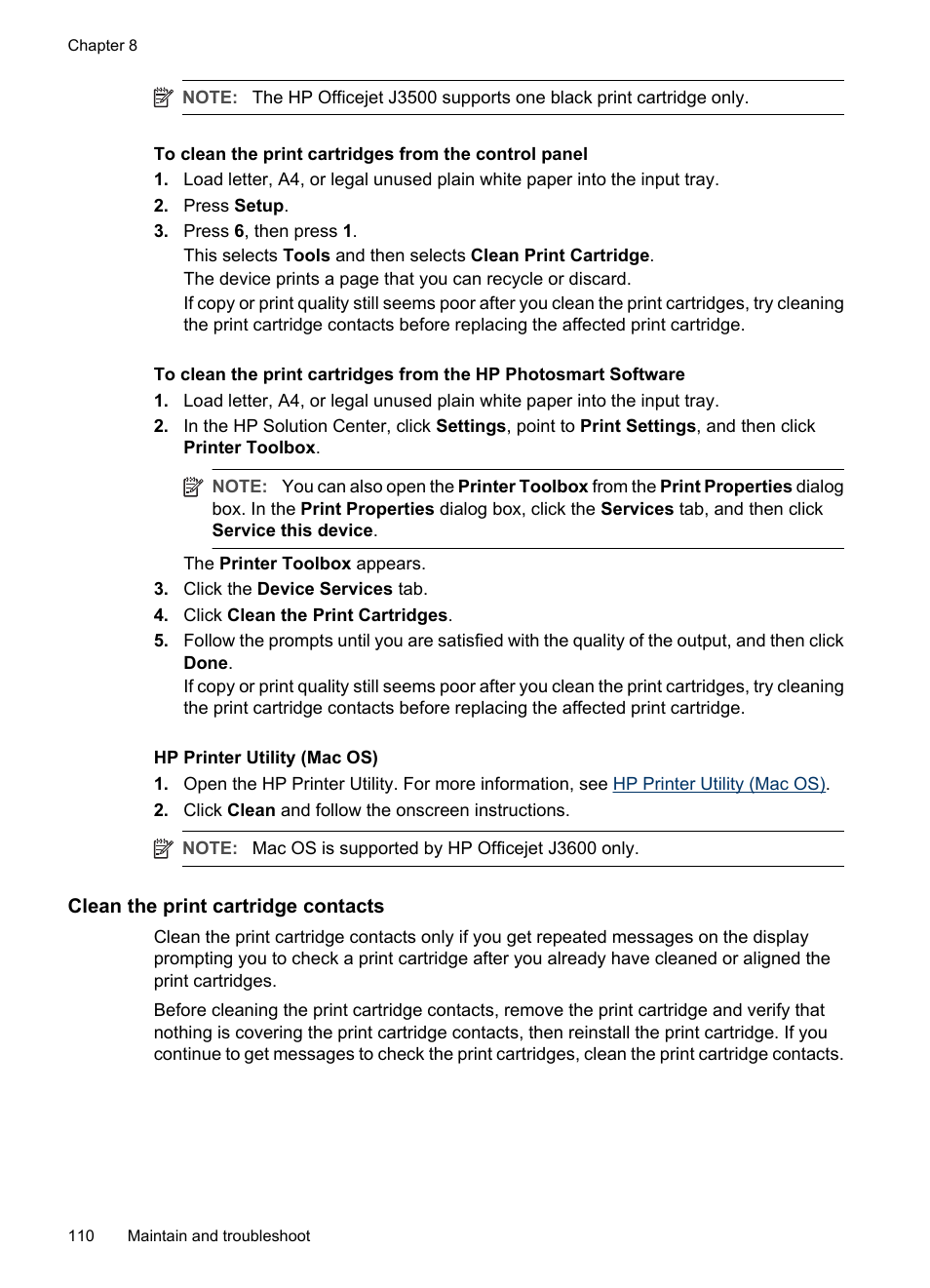 Clean the print cartridge contacts | HP Officejet J3680 All-in-One Printer User Manual | Page 114 / 186