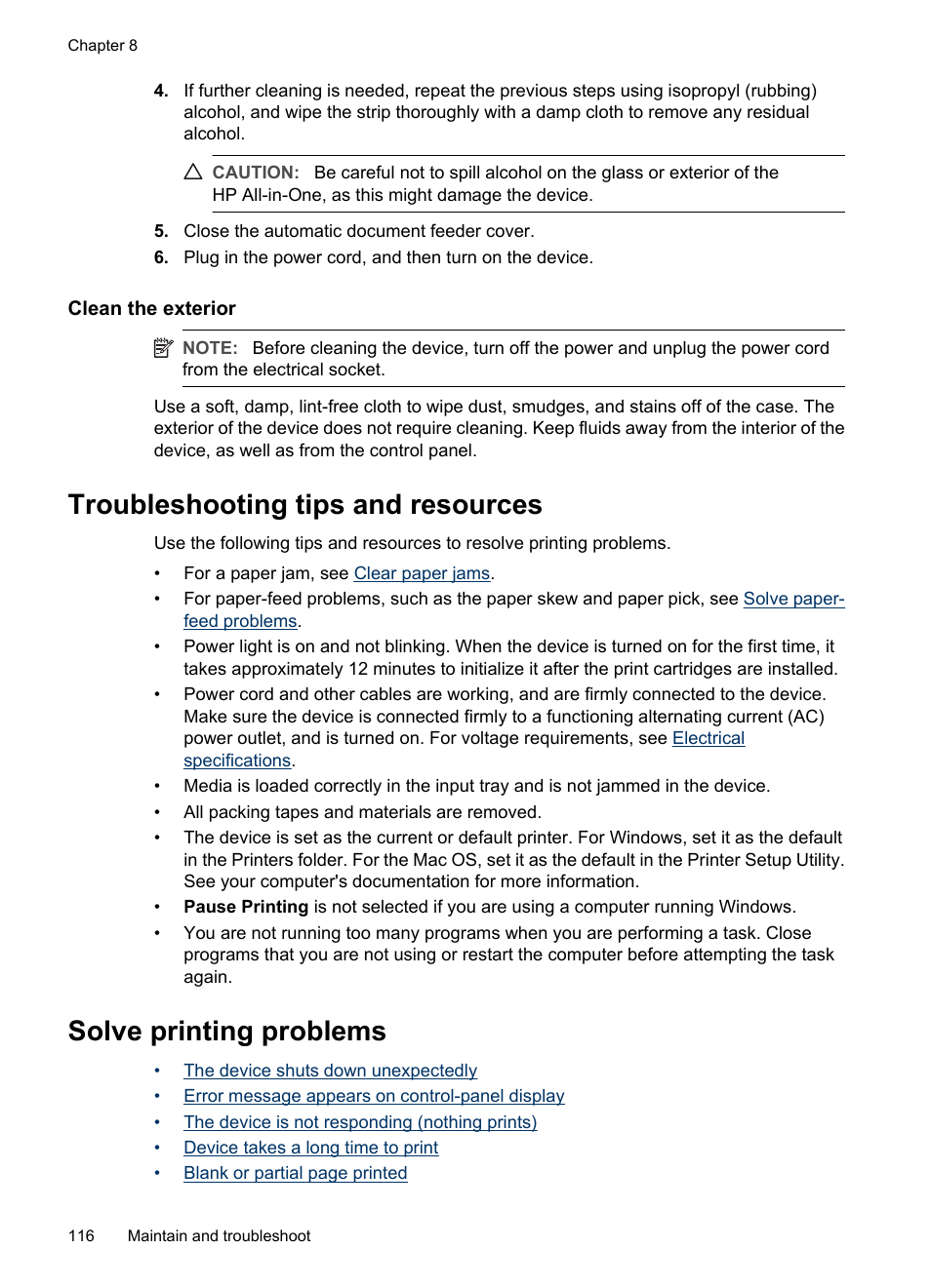 Clean the exterior, Troubleshooting tips and resources, Solve printing problems | HP Officejet J3680 All-in-One Printer User Manual | Page 120 / 186