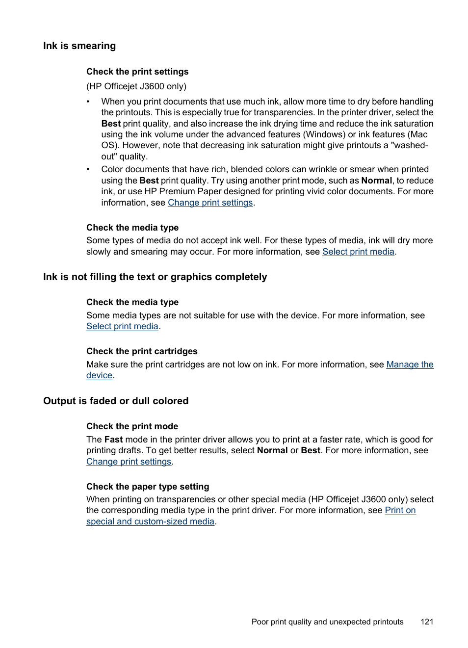 Ink is smearing, Ink is not filling the text or graphics completely, Output is faded or dull colored | HP Officejet J3680 All-in-One Printer User Manual | Page 125 / 186