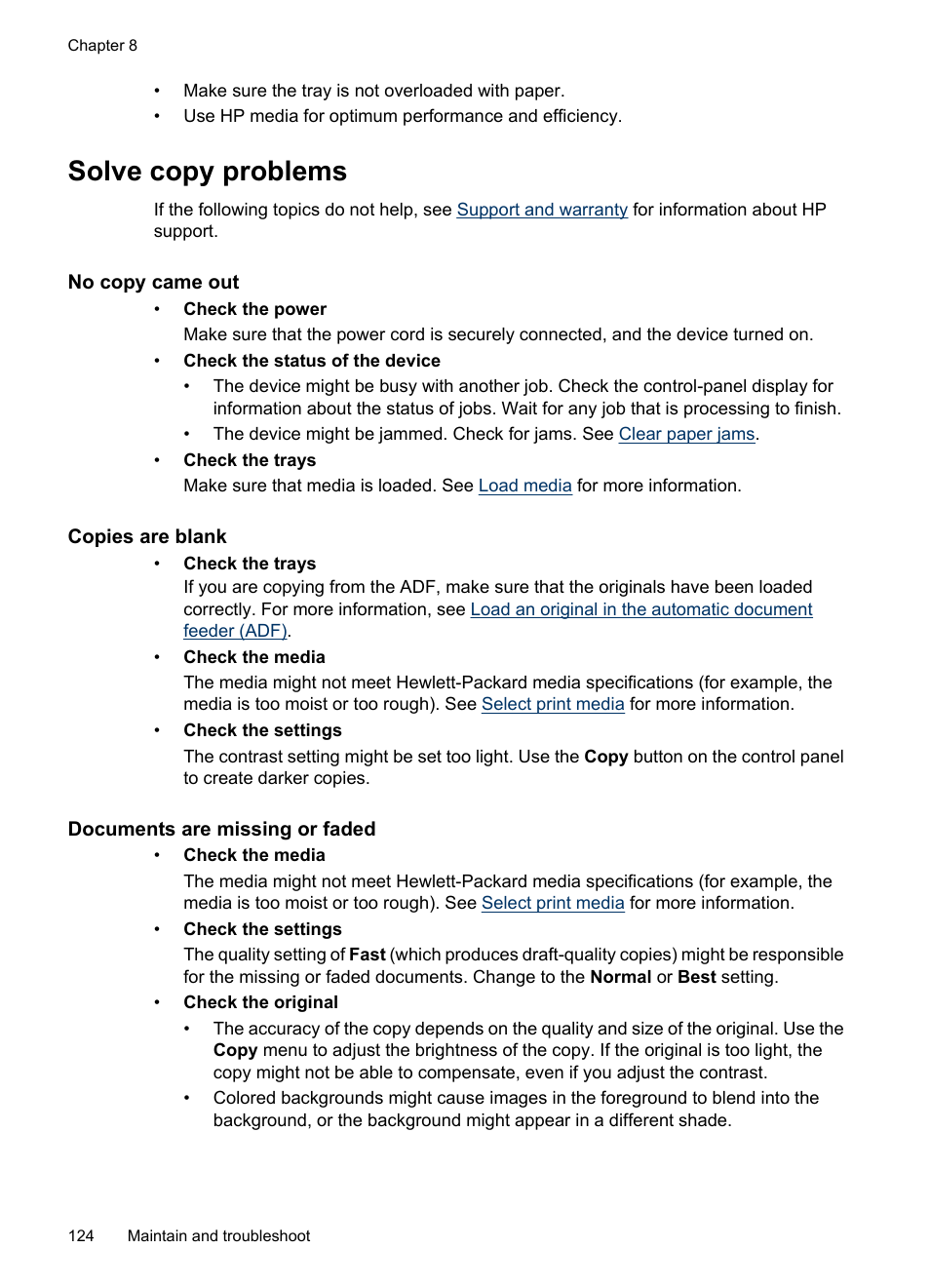 Solve copy problems, No copy came out, Copies are blank | Documents are missing or faded | HP Officejet J3680 All-in-One Printer User Manual | Page 128 / 186