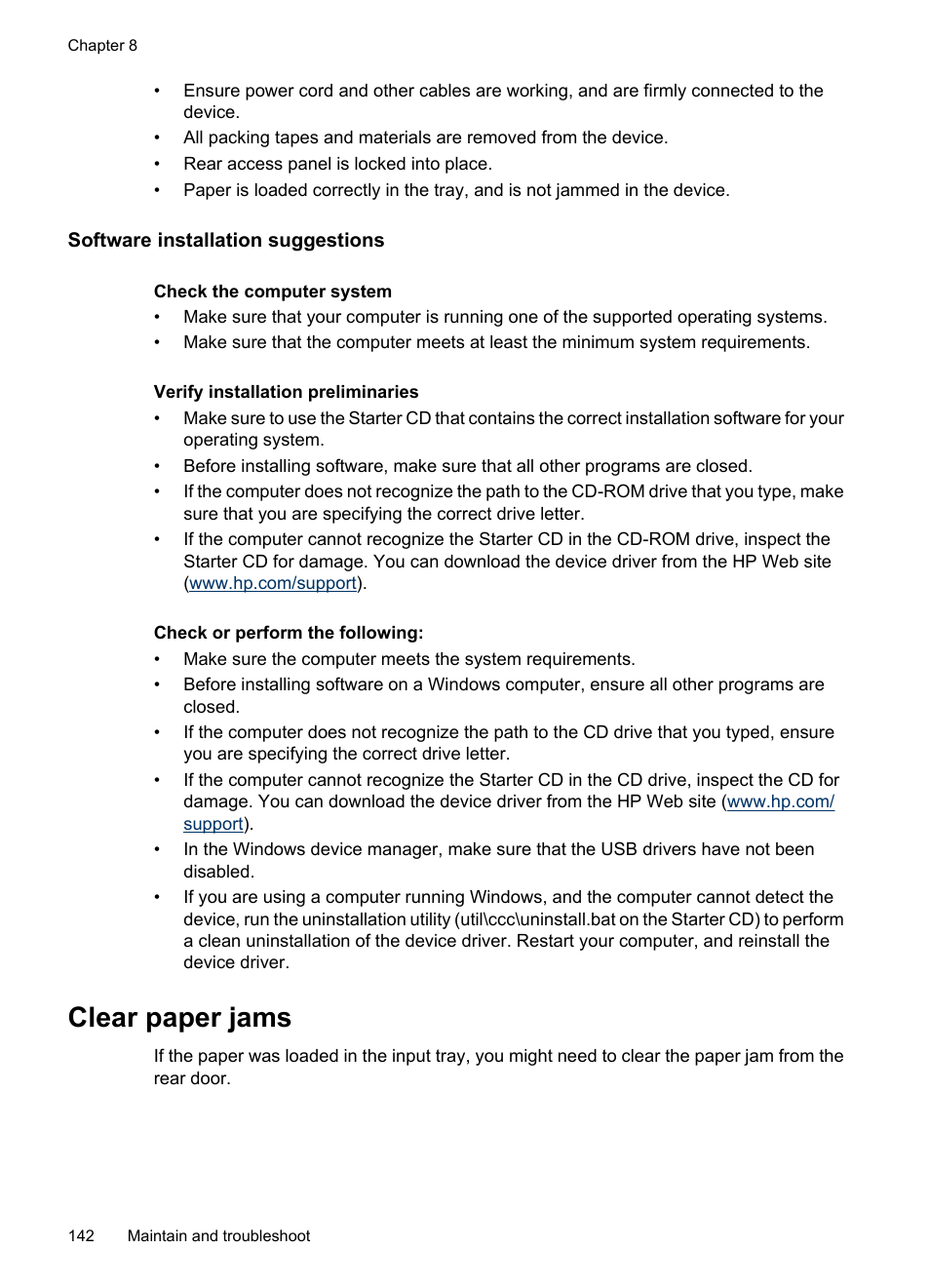 Software installation suggestions, Clear paper jams | HP Officejet J3680 All-in-One Printer User Manual | Page 146 / 186