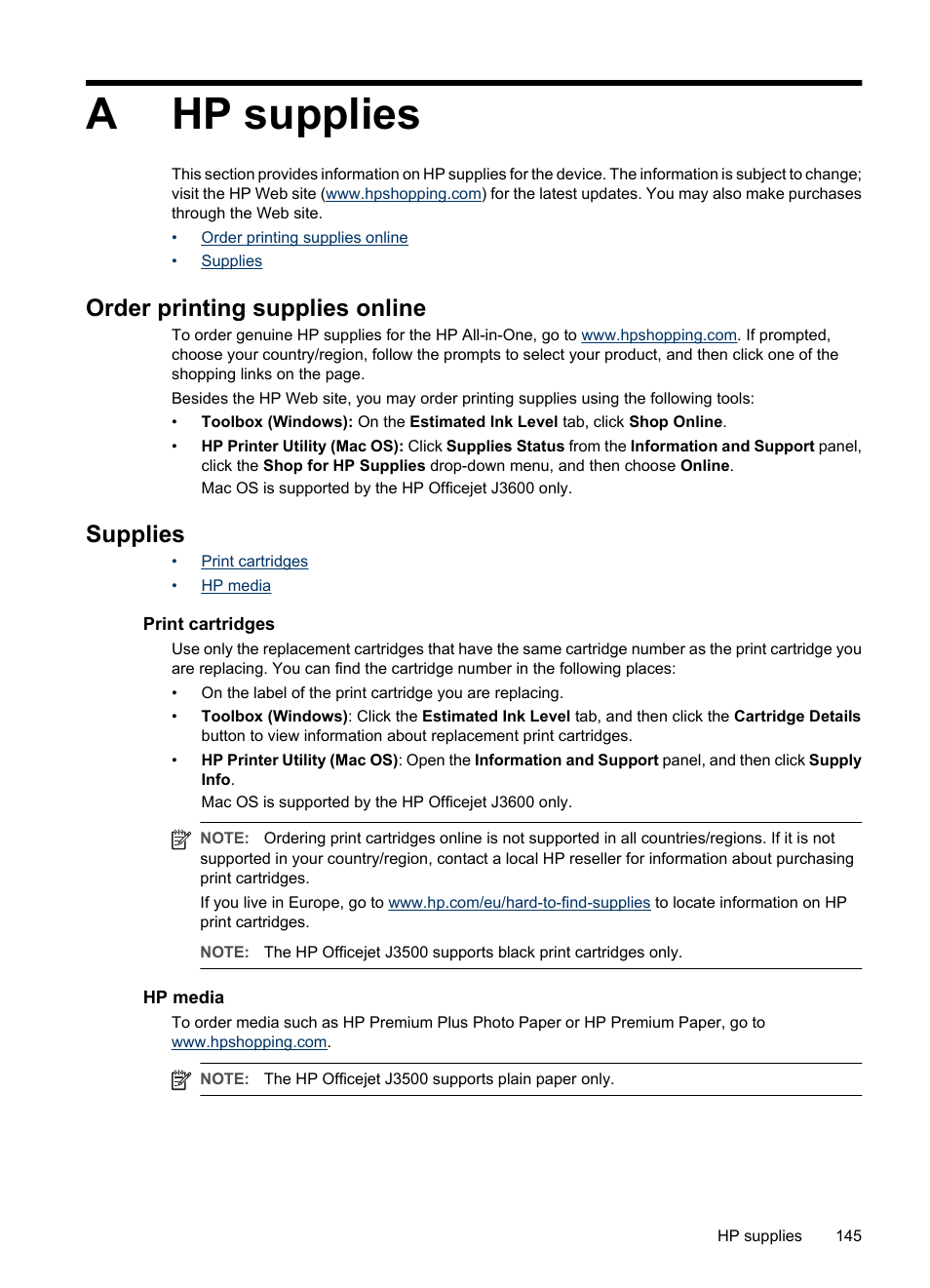 Hp supplies, Order printing supplies online, Supplies | Print cartridges, Hp media, A hp supplies, Order printing supplies online supplies, Print cartridges hp media, Ahp supplies | HP Officejet J3680 All-in-One Printer User Manual | Page 149 / 186