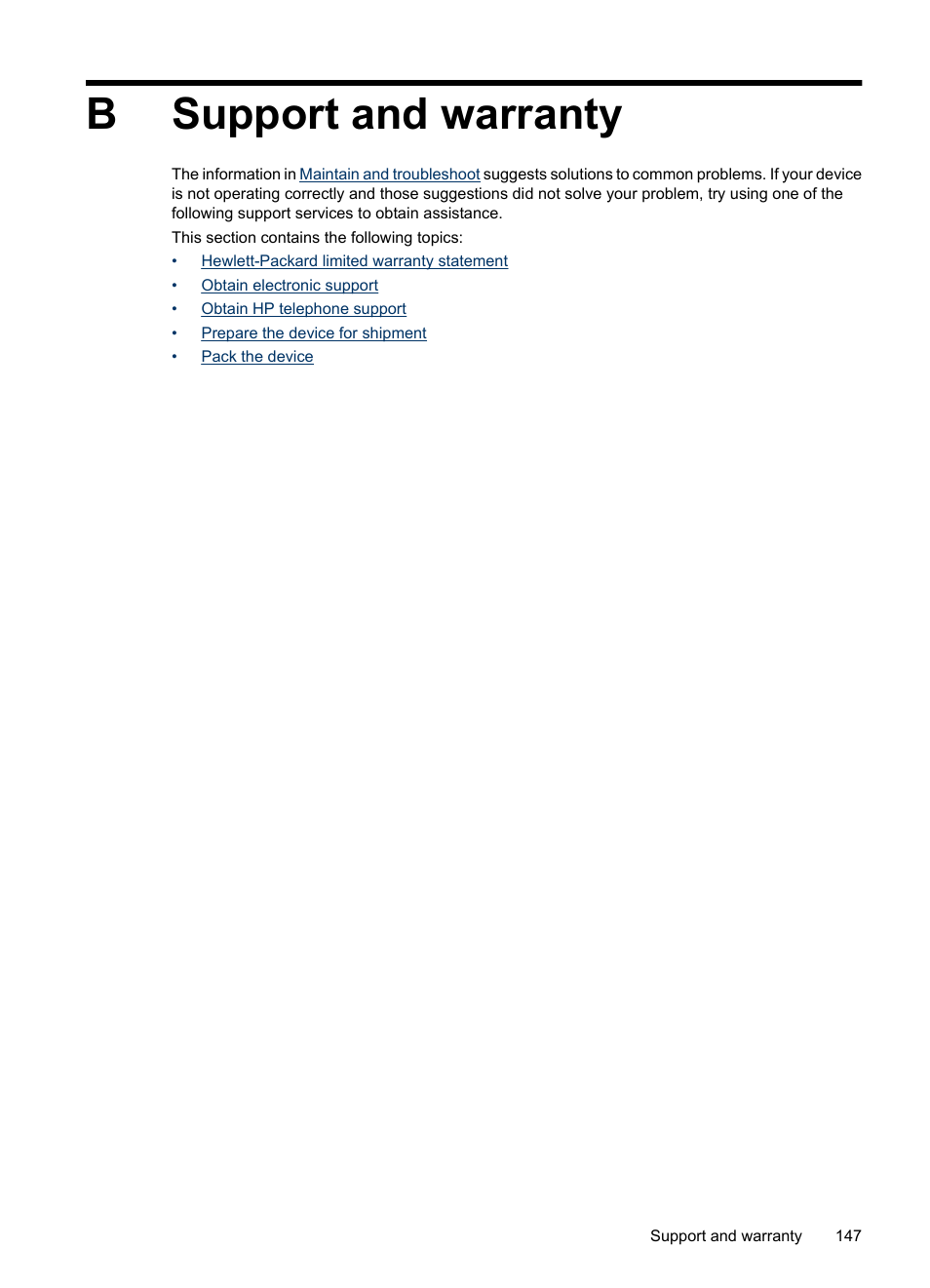 Support and warranty, B support and warranty, Support and | Warranty, Bsupport and warranty | HP Officejet J3680 All-in-One Printer User Manual | Page 151 / 186