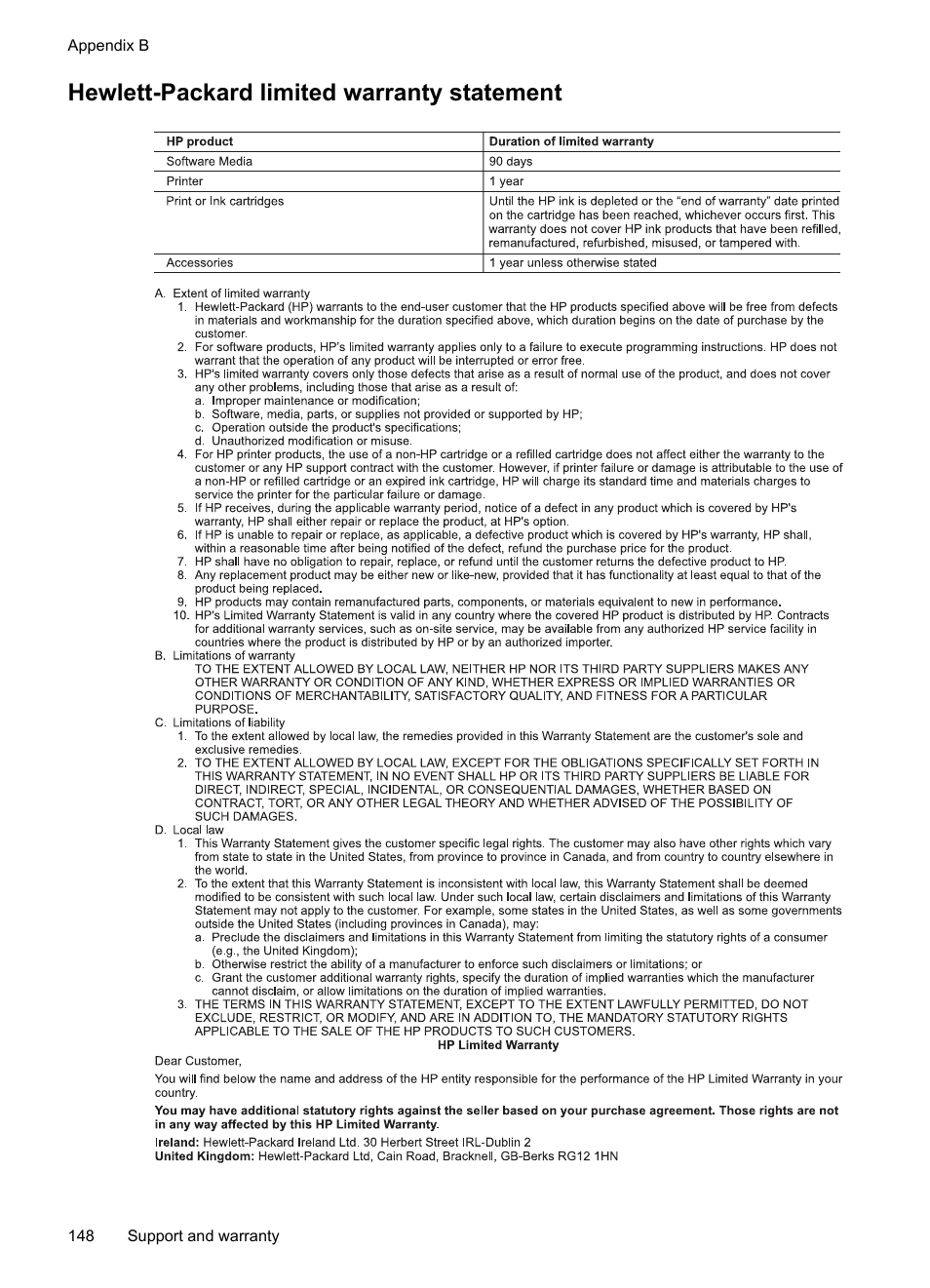 Hewlett-packard limited warranty statement | HP Officejet J3680 All-in-One Printer User Manual | Page 152 / 186