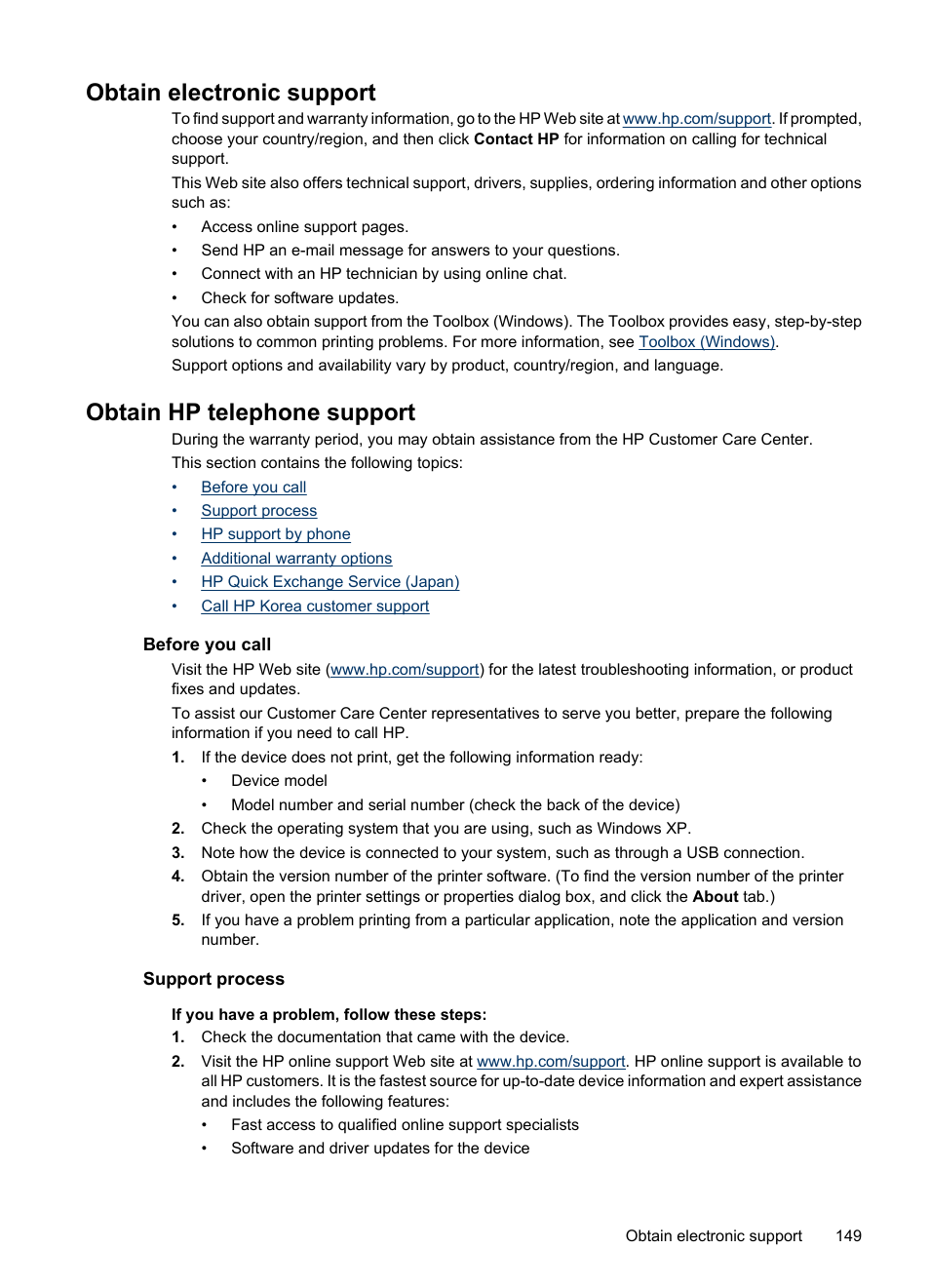 Obtain electronic support, Obtain hp telephone support, Before you call | Support process | HP Officejet J3680 All-in-One Printer User Manual | Page 153 / 186