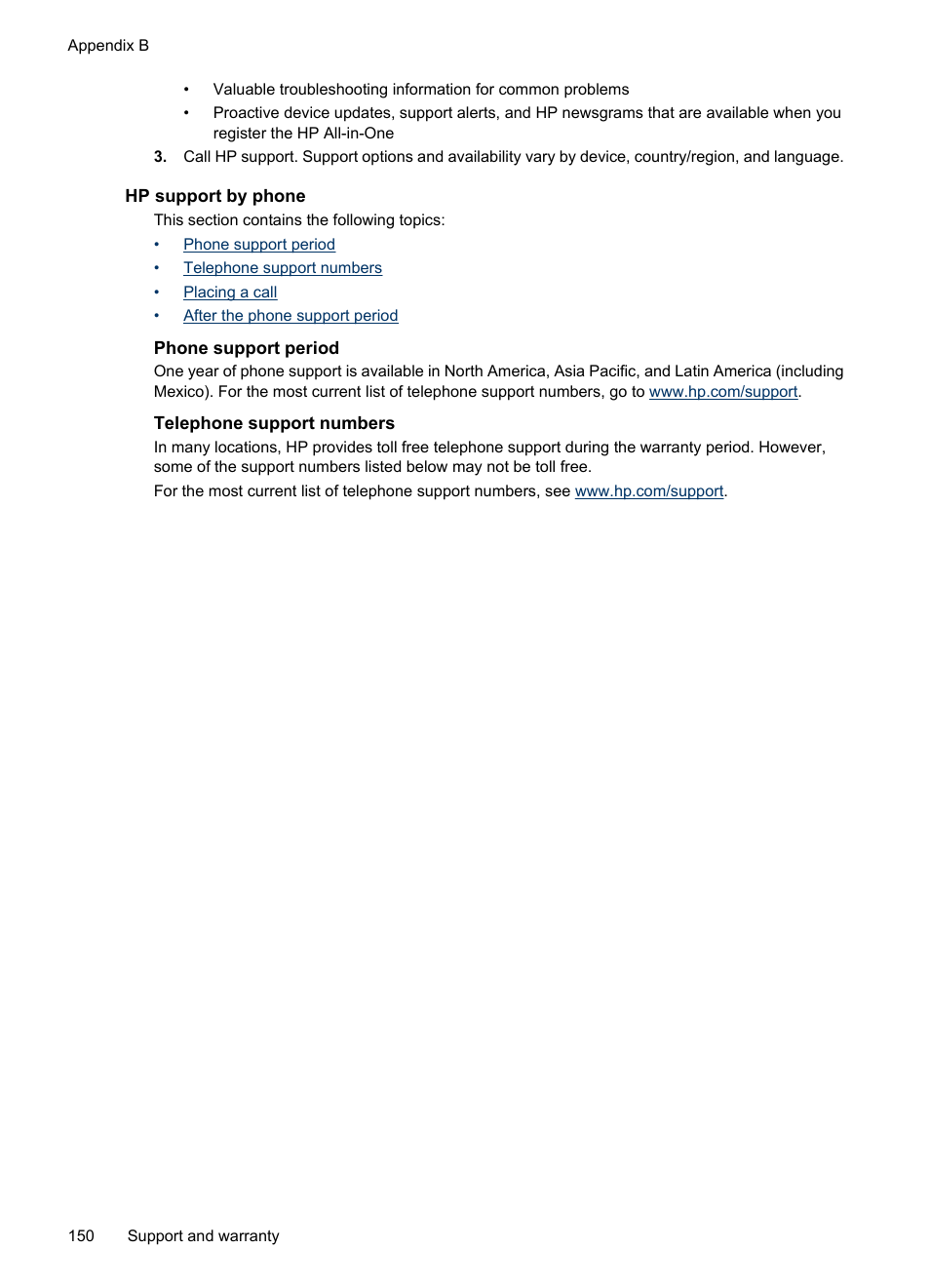 Hp support by phone, Phone support period, Telephone support numbers | HP Officejet J3680 All-in-One Printer User Manual | Page 154 / 186