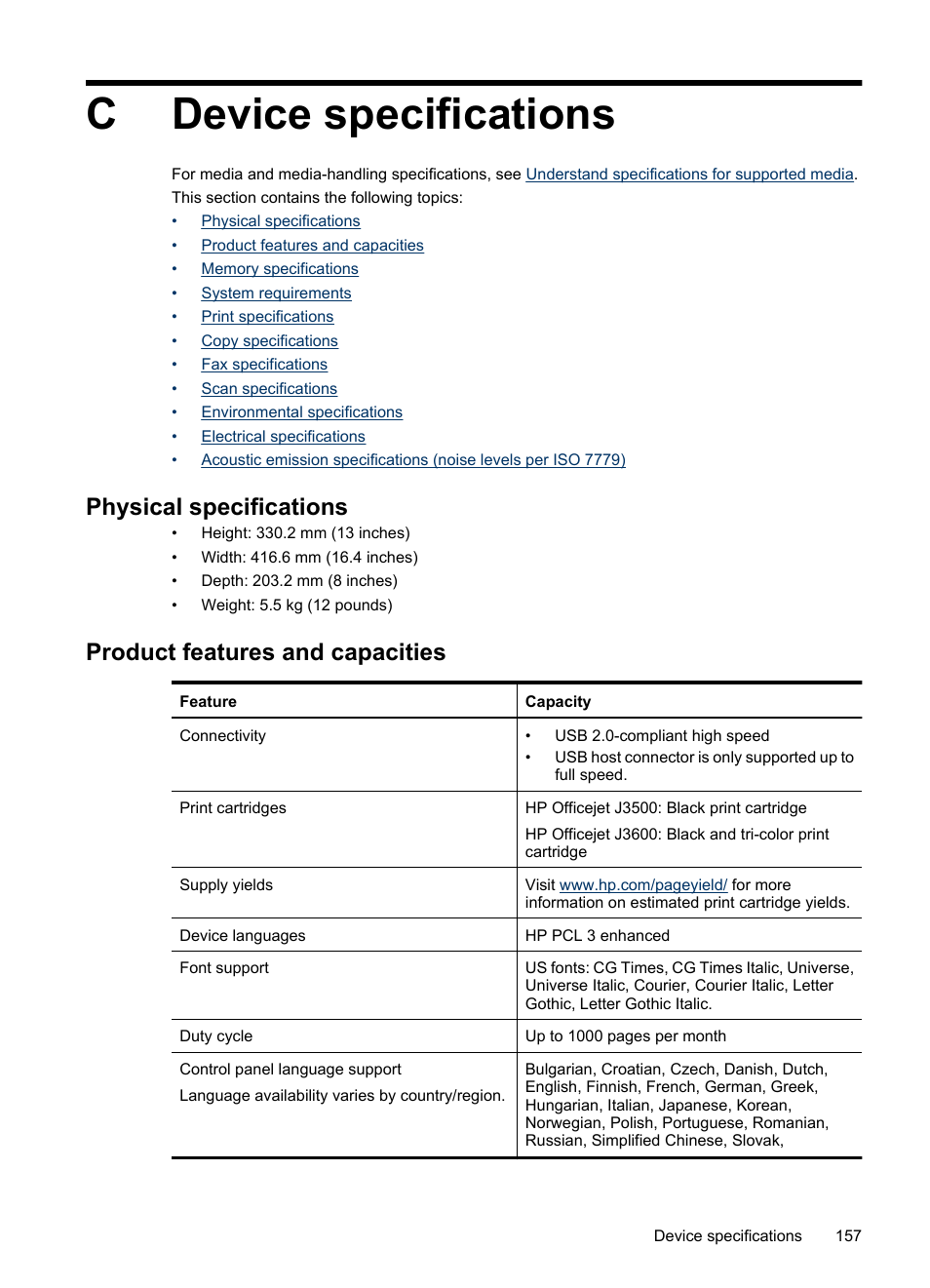 Device specifications, Physical specifications, Product features and capacities | C device specifications, Cdevice specifications | HP Officejet J3680 All-in-One Printer User Manual | Page 161 / 186