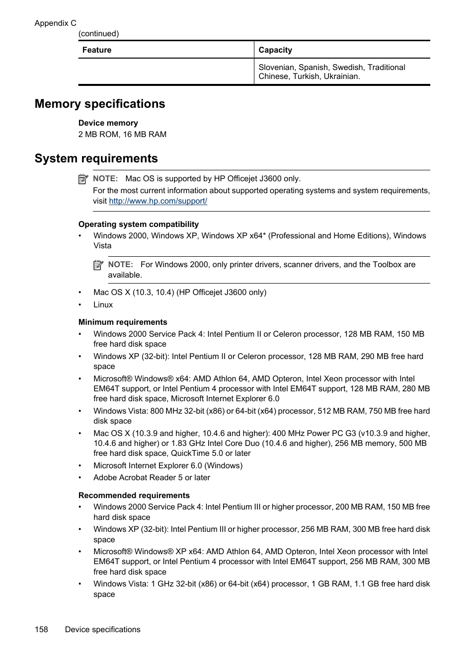 Memory specifications, System requirements, Memory specifications system requirements | HP Officejet J3680 All-in-One Printer User Manual | Page 162 / 186