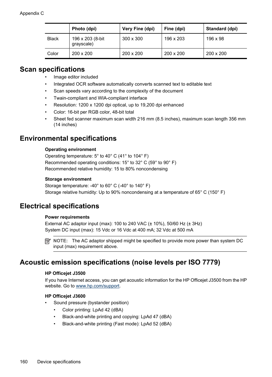 Scan specifications, Environmental specifications, Electrical specifications | Electrical, Specifications | HP Officejet J3680 All-in-One Printer User Manual | Page 164 / 186