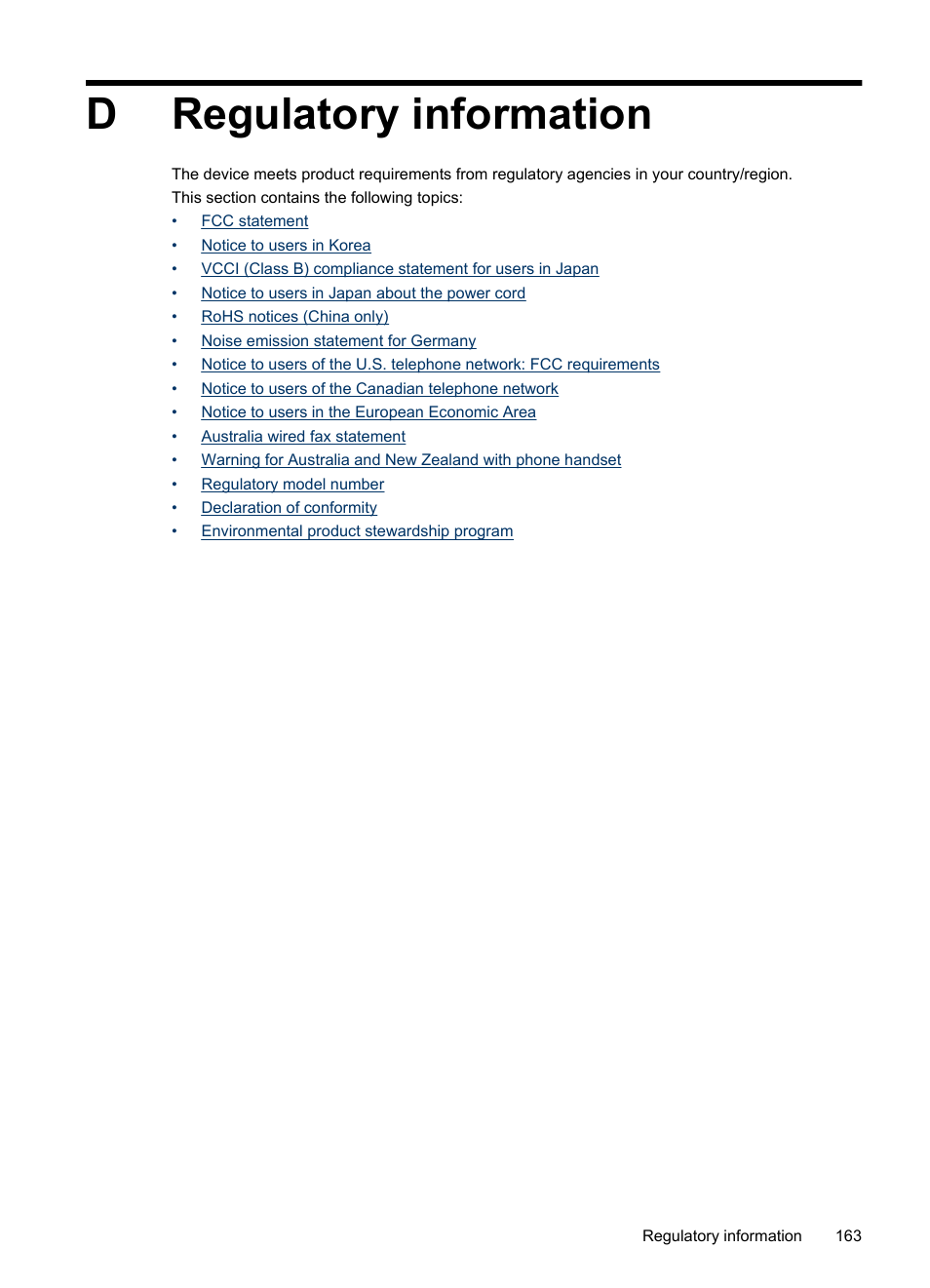 Regulatory information, D regulatory information, Dregulatory information | HP Officejet J3680 All-in-One Printer User Manual | Page 167 / 186