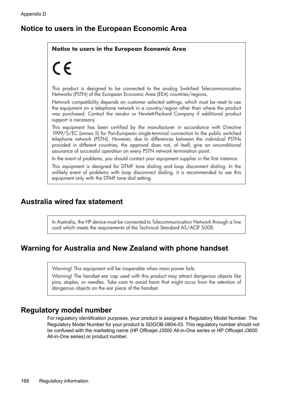 Notice to users in the european economic area, Australia wired fax statement, Regulatory model number | HP Officejet J3680 All-in-One Printer User Manual | Page 172 / 186