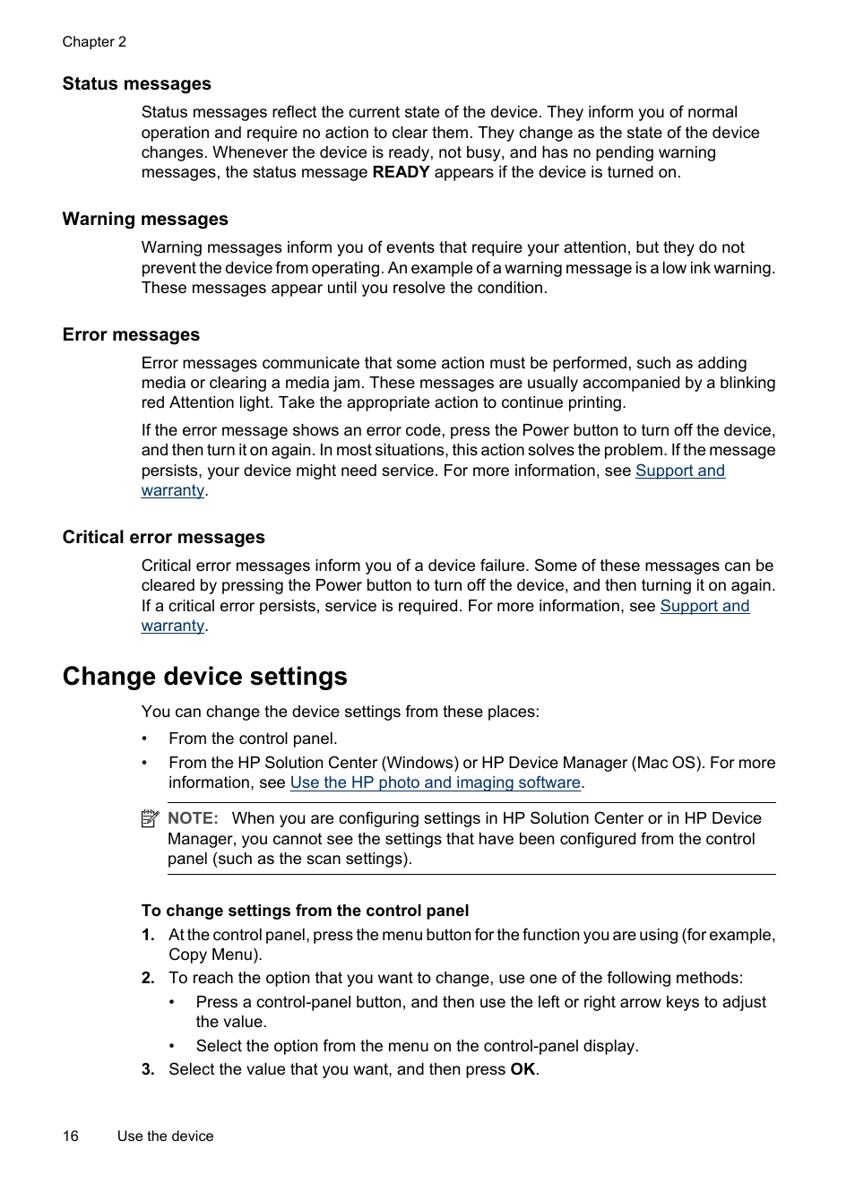 Status messages, Warning messages, Error messages | Critical error messages, Change device settings | HP Officejet J3680 All-in-One Printer User Manual | Page 20 / 186