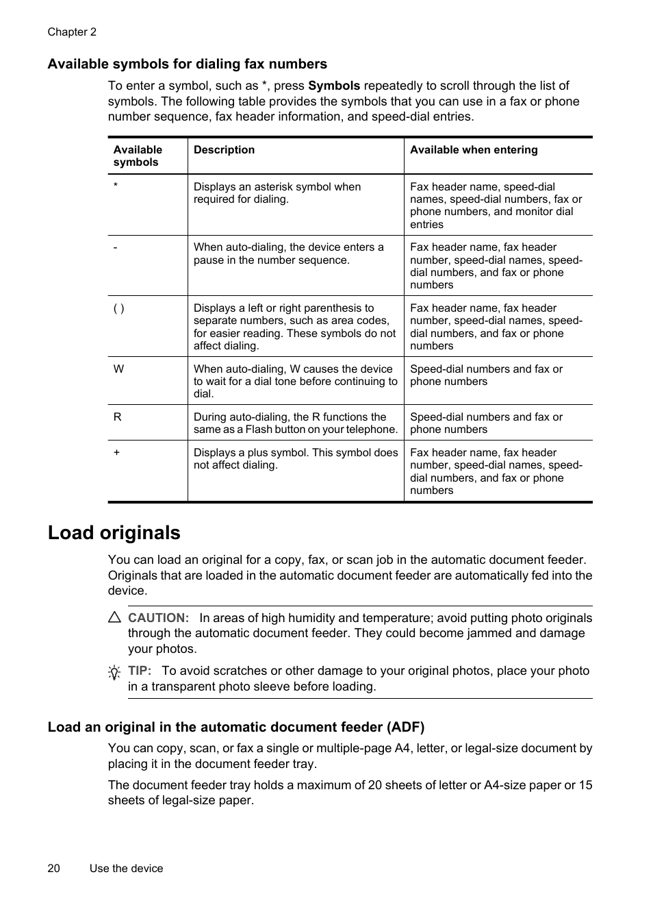 Available symbols for dialing fax numbers, Load originals | HP Officejet J3680 All-in-One Printer User Manual | Page 24 / 186