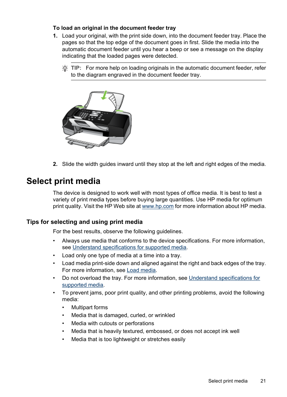 Select print media, Tips for selecting and using print media, Set minimum margins | HP Officejet J3680 All-in-One Printer User Manual | Page 25 / 186