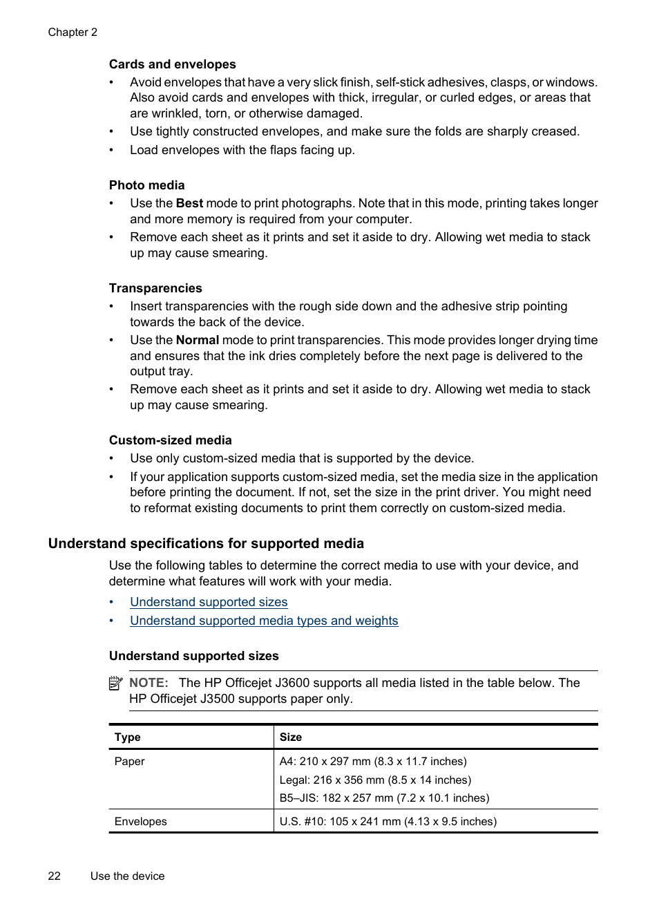 Understand specifications for supported media, Understand supported sizes, Understand specifications for | Supported media | HP Officejet J3680 All-in-One Printer User Manual | Page 26 / 186