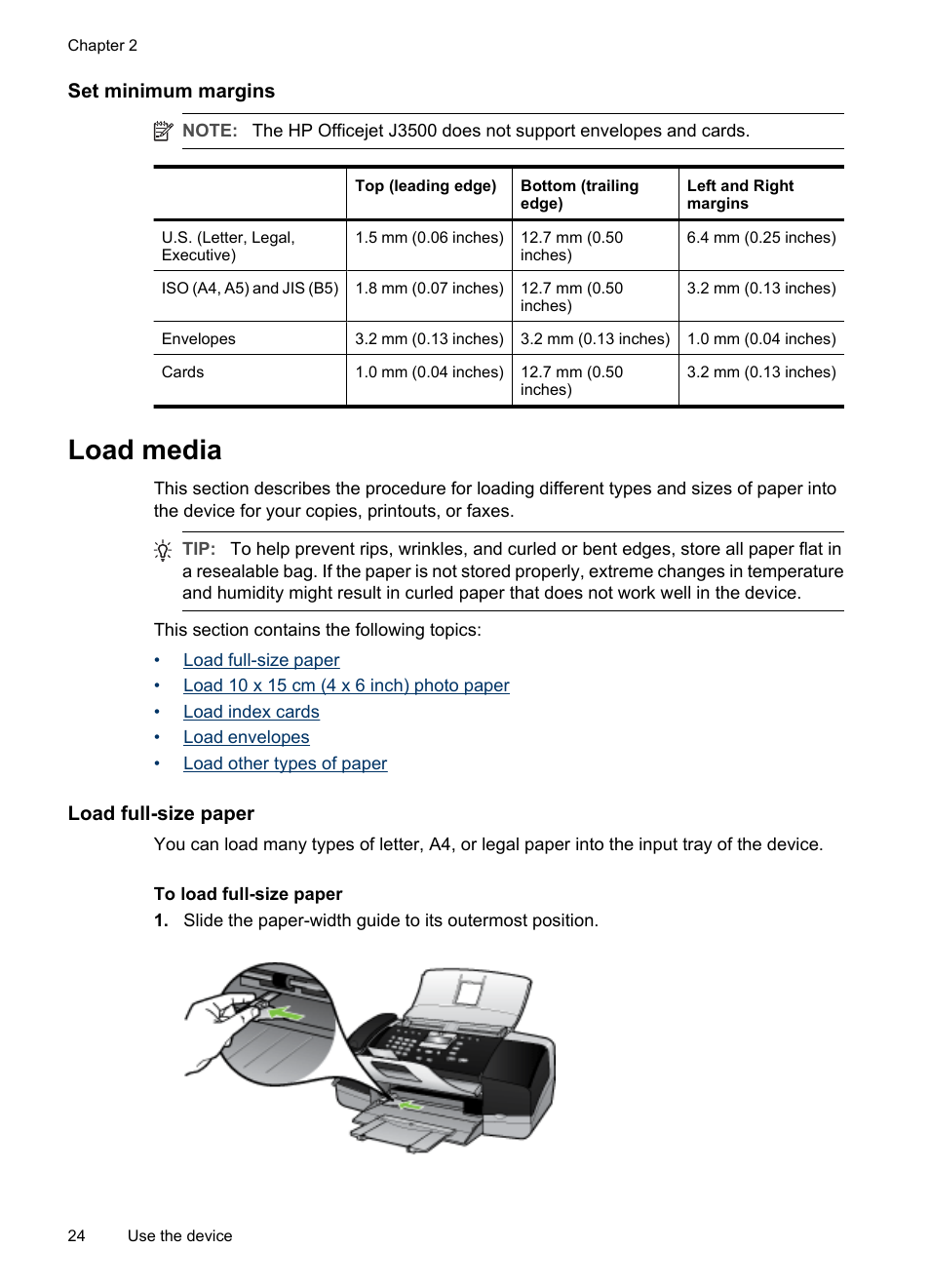 Set minimum margins, Load media, Load full-size paper | HP Officejet J3680 All-in-One Printer User Manual | Page 28 / 186