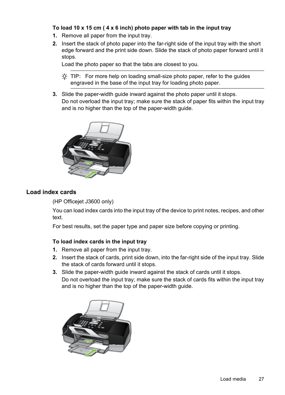 Load index cards | HP Officejet J3680 All-in-One Printer User Manual | Page 31 / 186