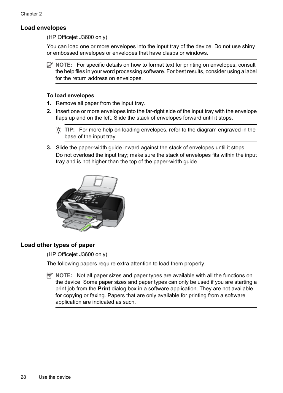 Load envelopes, Load other types of paper | HP Officejet J3680 All-in-One Printer User Manual | Page 32 / 186