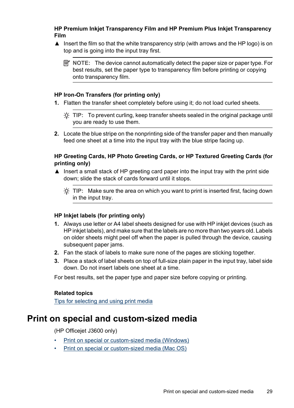 Print on special and custom-sized media | HP Officejet J3680 All-in-One Printer User Manual | Page 33 / 186