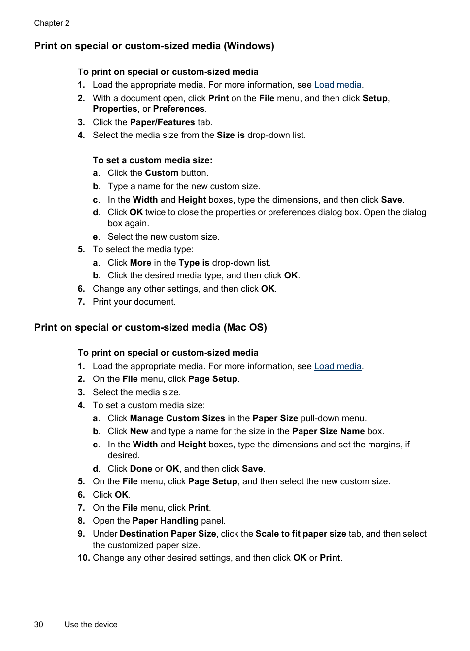 Print on special or custom-sized media (windows), Print on special or custom-sized media (mac os) | HP Officejet J3680 All-in-One Printer User Manual | Page 34 / 186