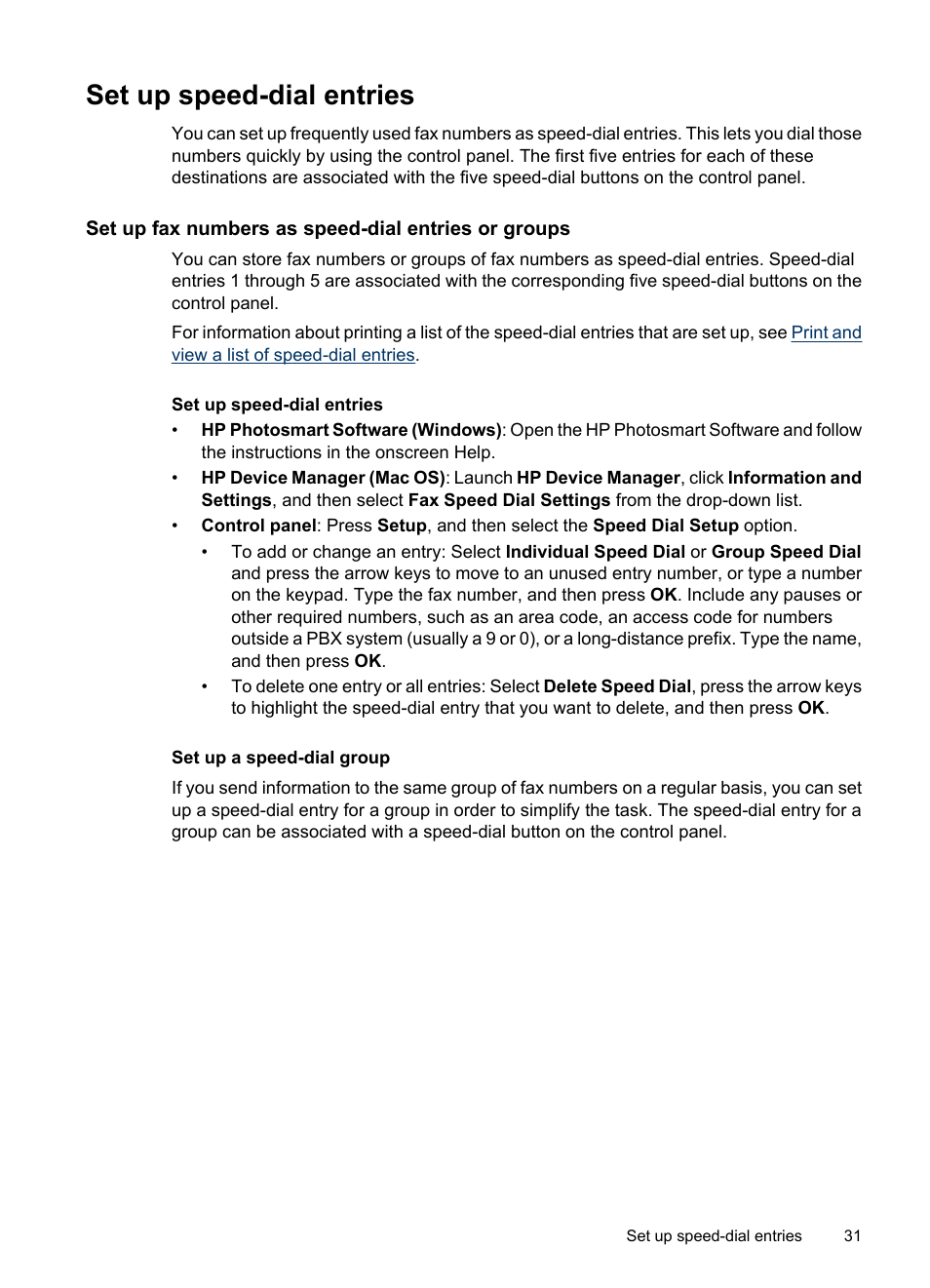 Set up speed-dial entries, Set up fax numbers as speed-dial entries or groups, Set up a speed-dial group | Print and view a list of speed-dial entries, View a list of speed-dial entries | HP Officejet J3680 All-in-One Printer User Manual | Page 35 / 186