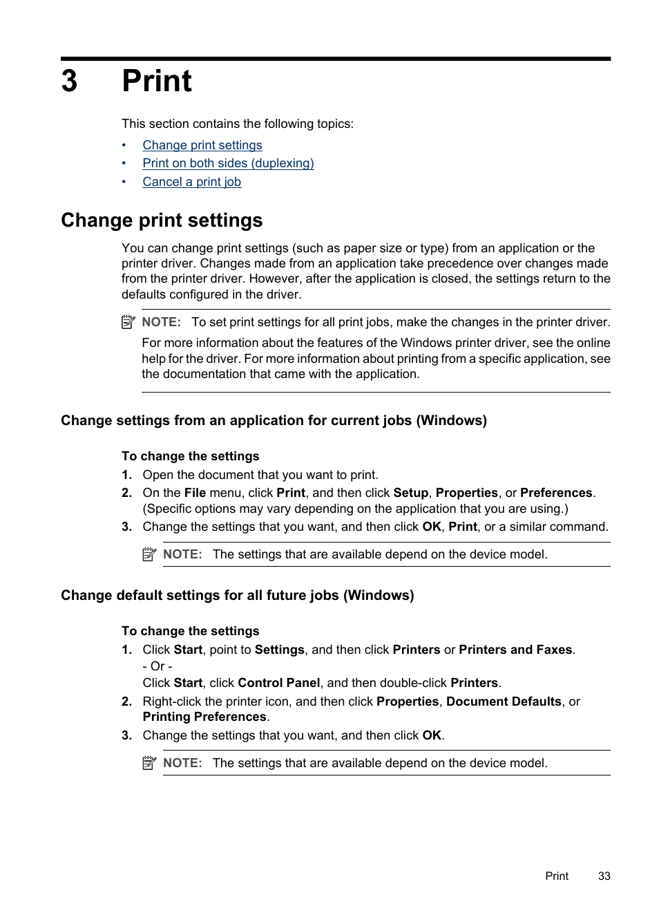 Print, Change print settings, 3 print | 3print | HP Officejet J3680 All-in-One Printer User Manual | Page 37 / 186