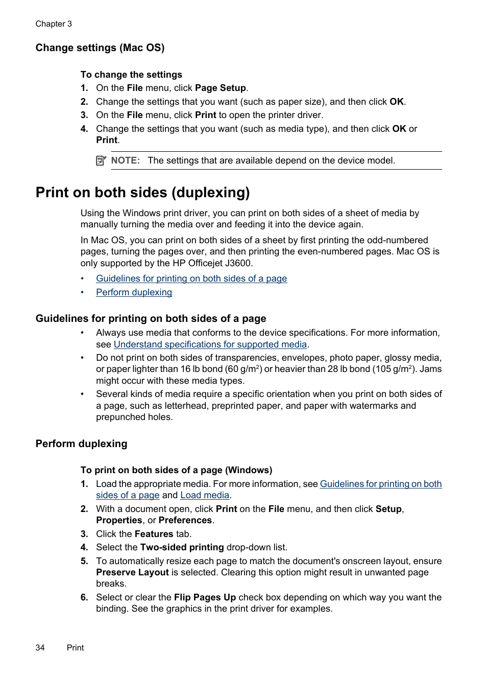 Change settings (mac os), Print on both sides (duplexing), Perform duplexing | HP Officejet J3680 All-in-One Printer User Manual | Page 38 / 186