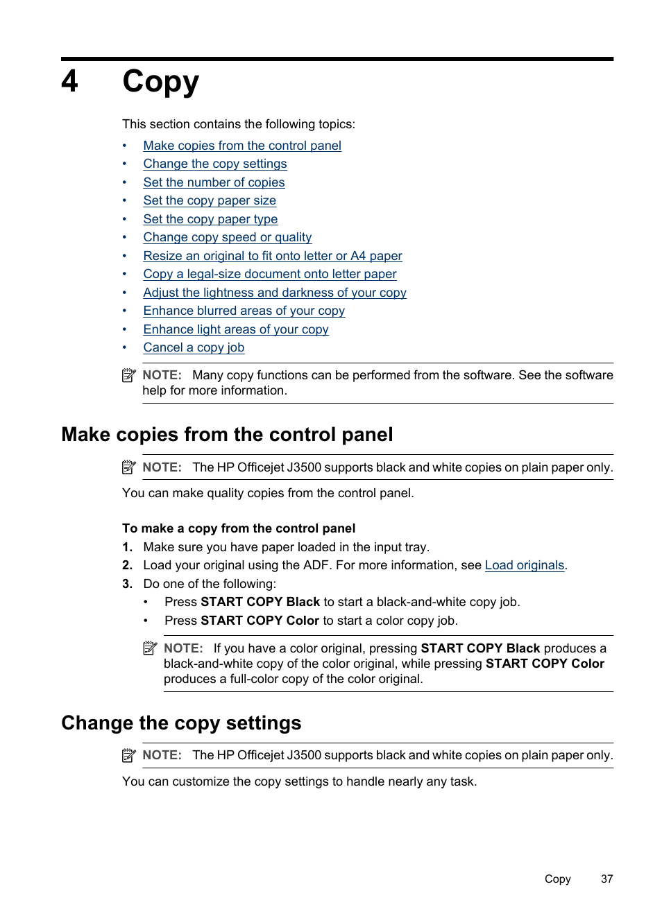 Copy, Make copies from the control panel, Change the copy settings | 4 copy, 4copy | HP Officejet J3680 All-in-One Printer User Manual | Page 41 / 186