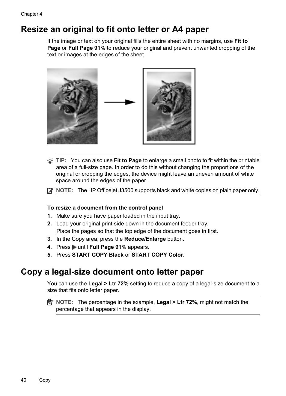 Resize an original to fit onto letter or a4 paper, Copy a legal-size document onto letter paper | HP Officejet J3680 All-in-One Printer User Manual | Page 44 / 186