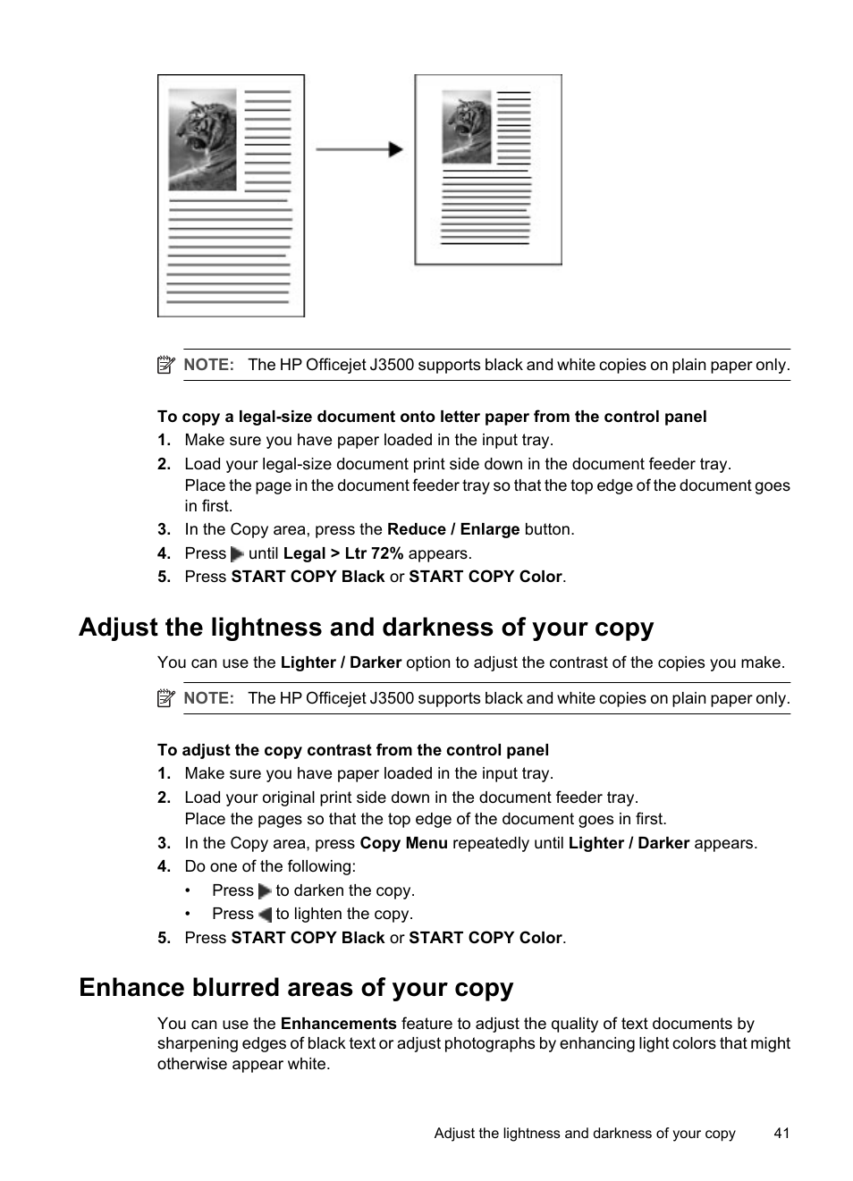 Adjust the lightness and darkness of your copy, Enhance blurred areas of your copy | HP Officejet J3680 All-in-One Printer User Manual | Page 45 / 186