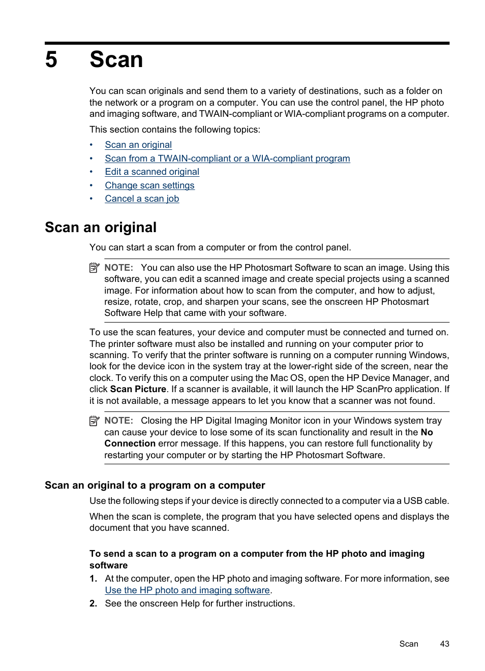 Scan, Scan an original, Scan an original to a program on a computer | 5 scan, 5scan | HP Officejet J3680 All-in-One Printer User Manual | Page 47 / 186
