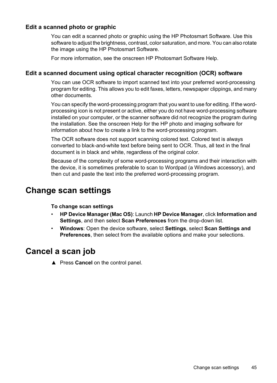 Edit a scanned photo or graphic, Change scan settings, Cancel a scan job | Change scan settings cancel a scan job | HP Officejet J3680 All-in-One Printer User Manual | Page 49 / 186