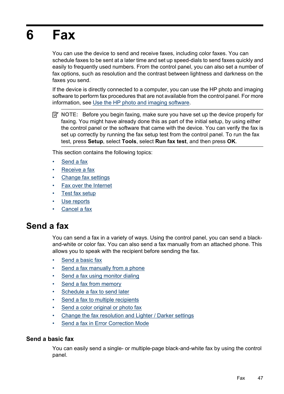 Send a fax, Send a basic fax, 6 fax | Send a fax in error correction mode, 6fax | HP Officejet J3680 All-in-One Printer User Manual | Page 51 / 186